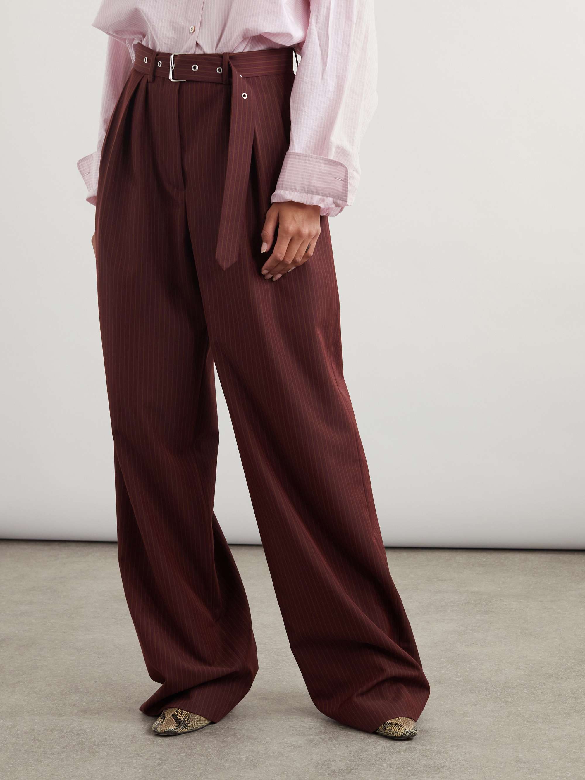 Belted pinstriped wool-blend wide-leg pants view