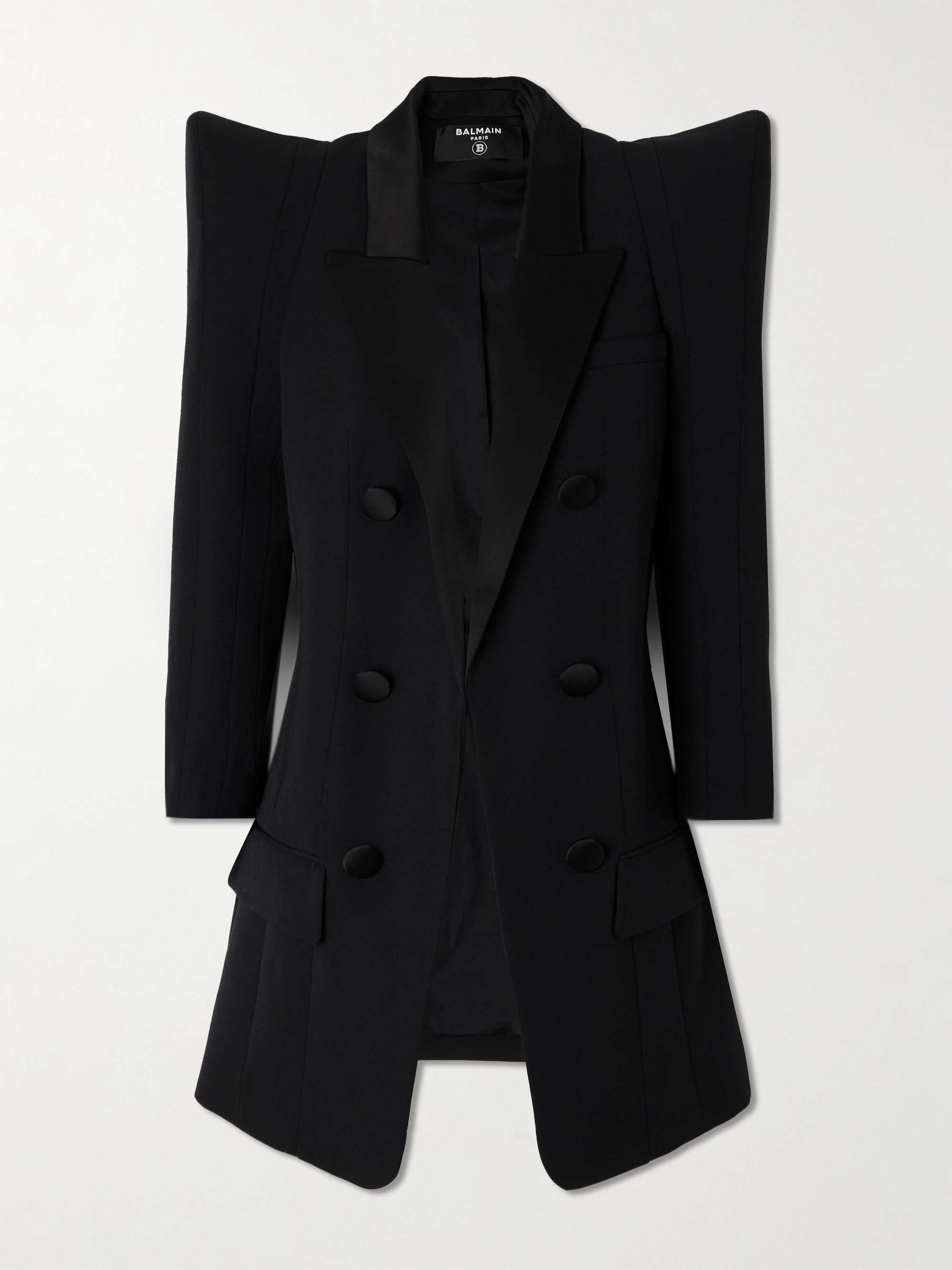 Asymmetric satin-trimmed wool blazer view
