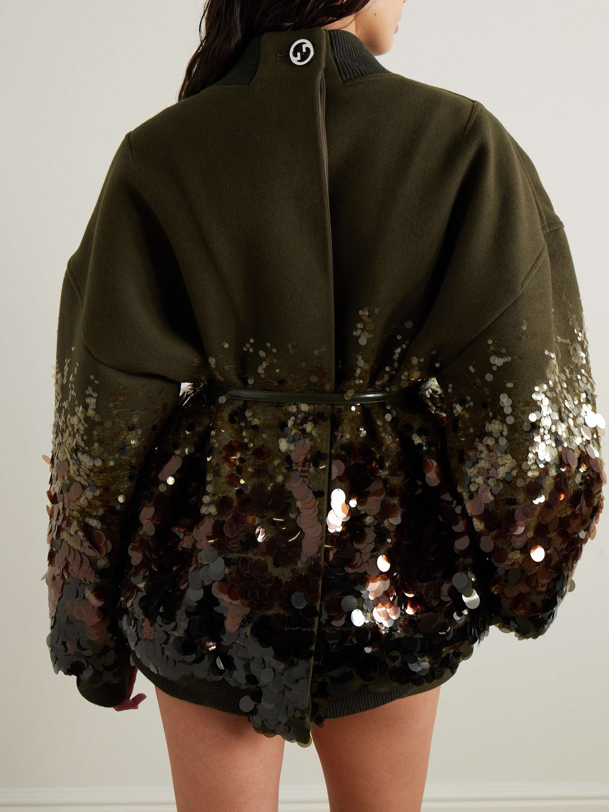 Oversized belted leather-trimmed paillette-embellished wool bomber jacket view