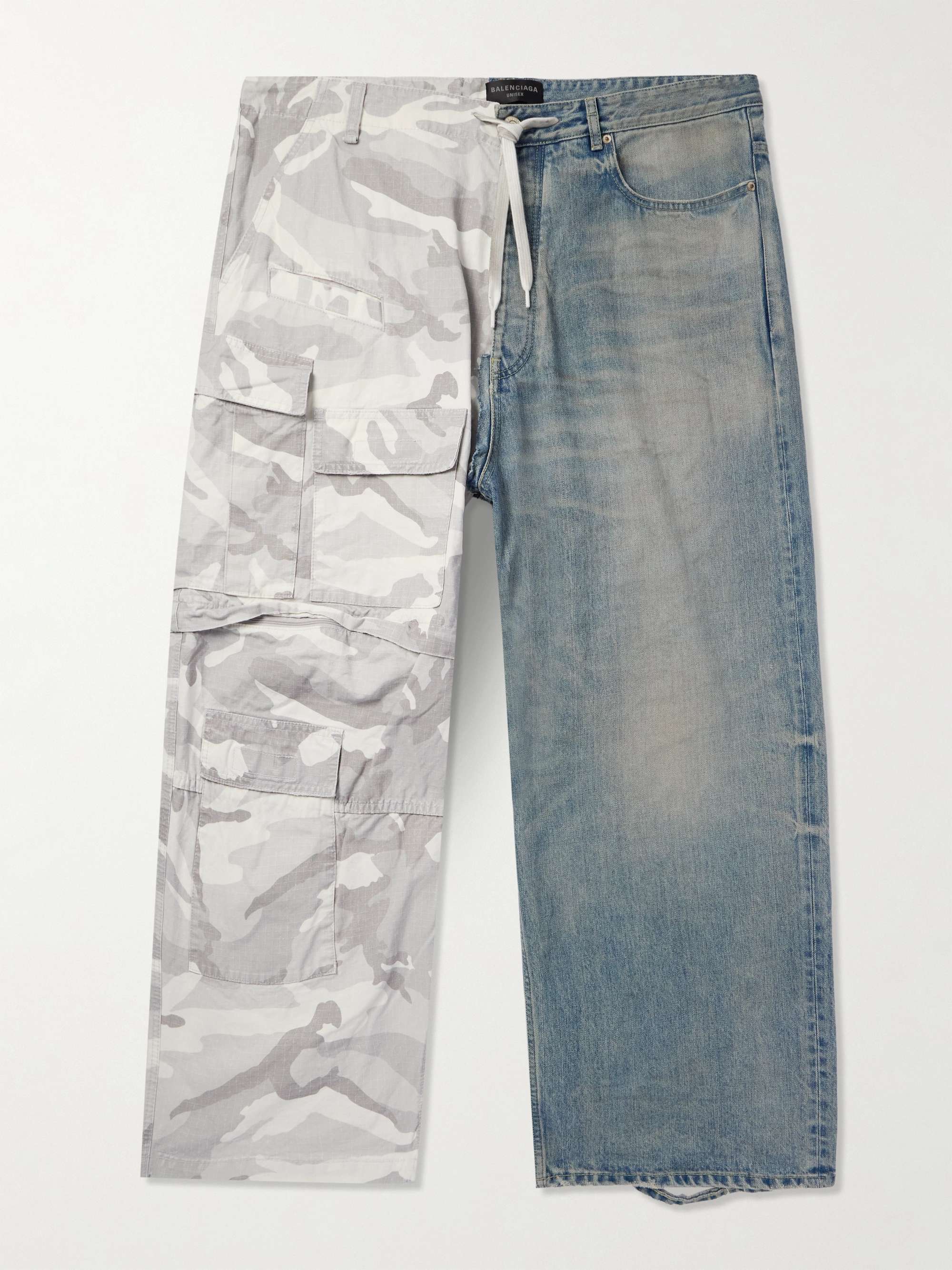 Hybrid Wide-Leg Ripstop and Distressed Denim Drawstring Trousers view