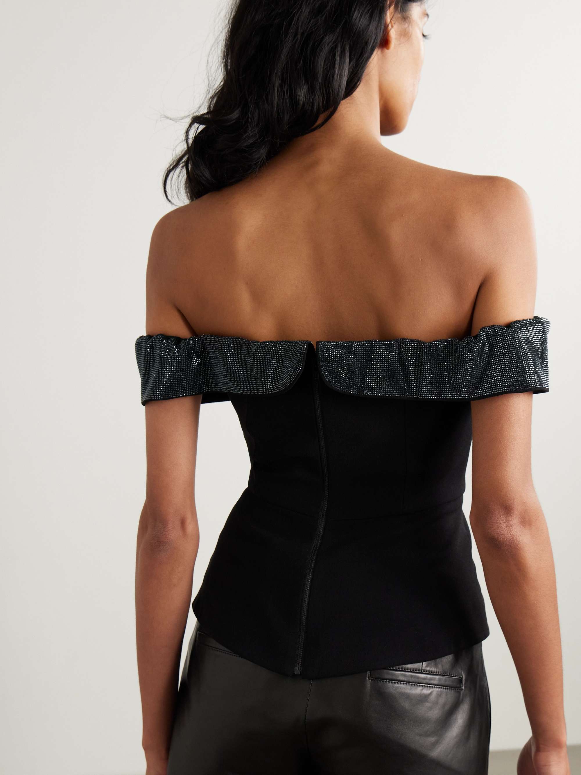 Off-the-shoulder bow and crystal-embellished crepe top view