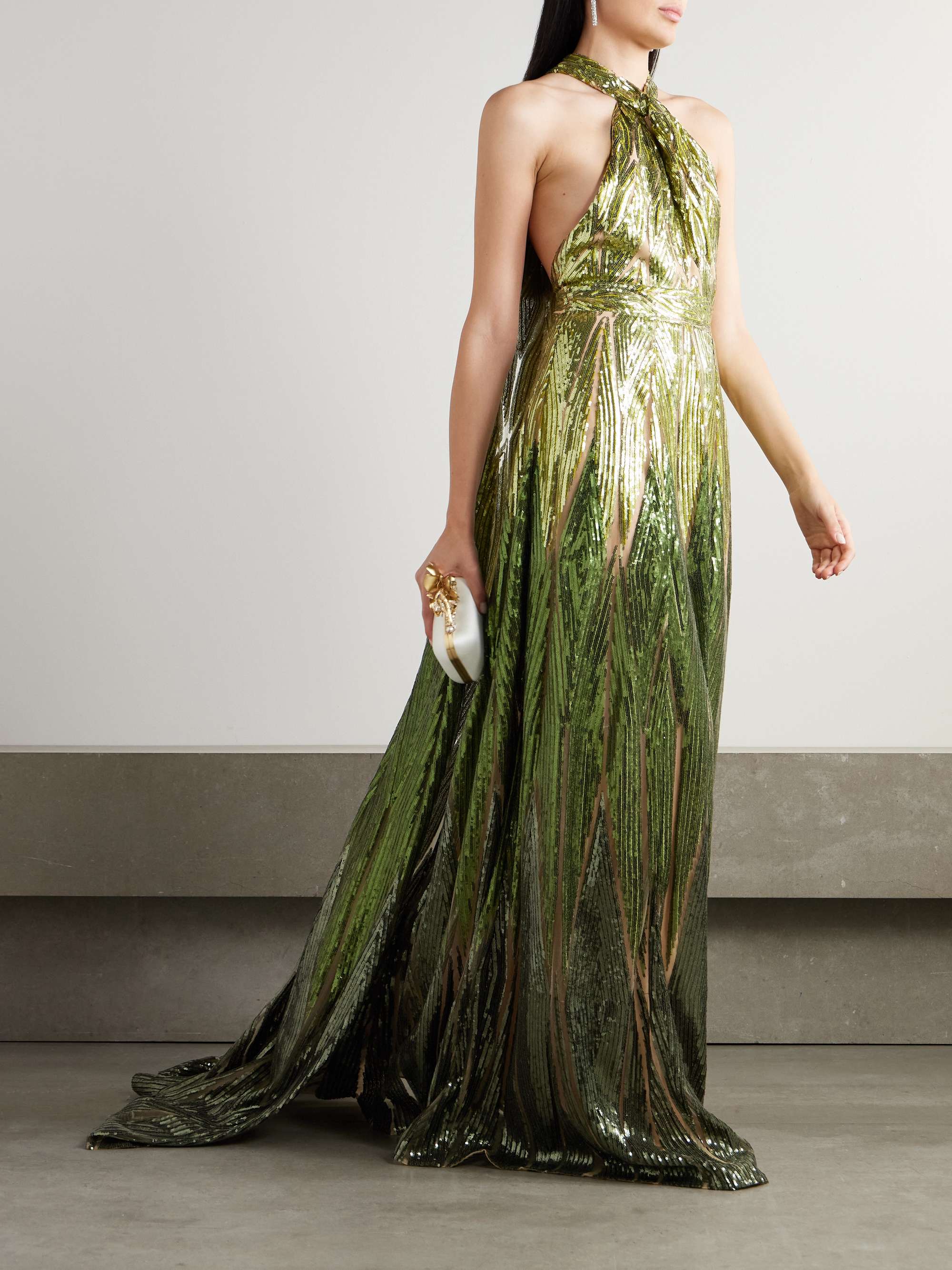 Cape-effect embroidered sequined tulle halterneck gown view