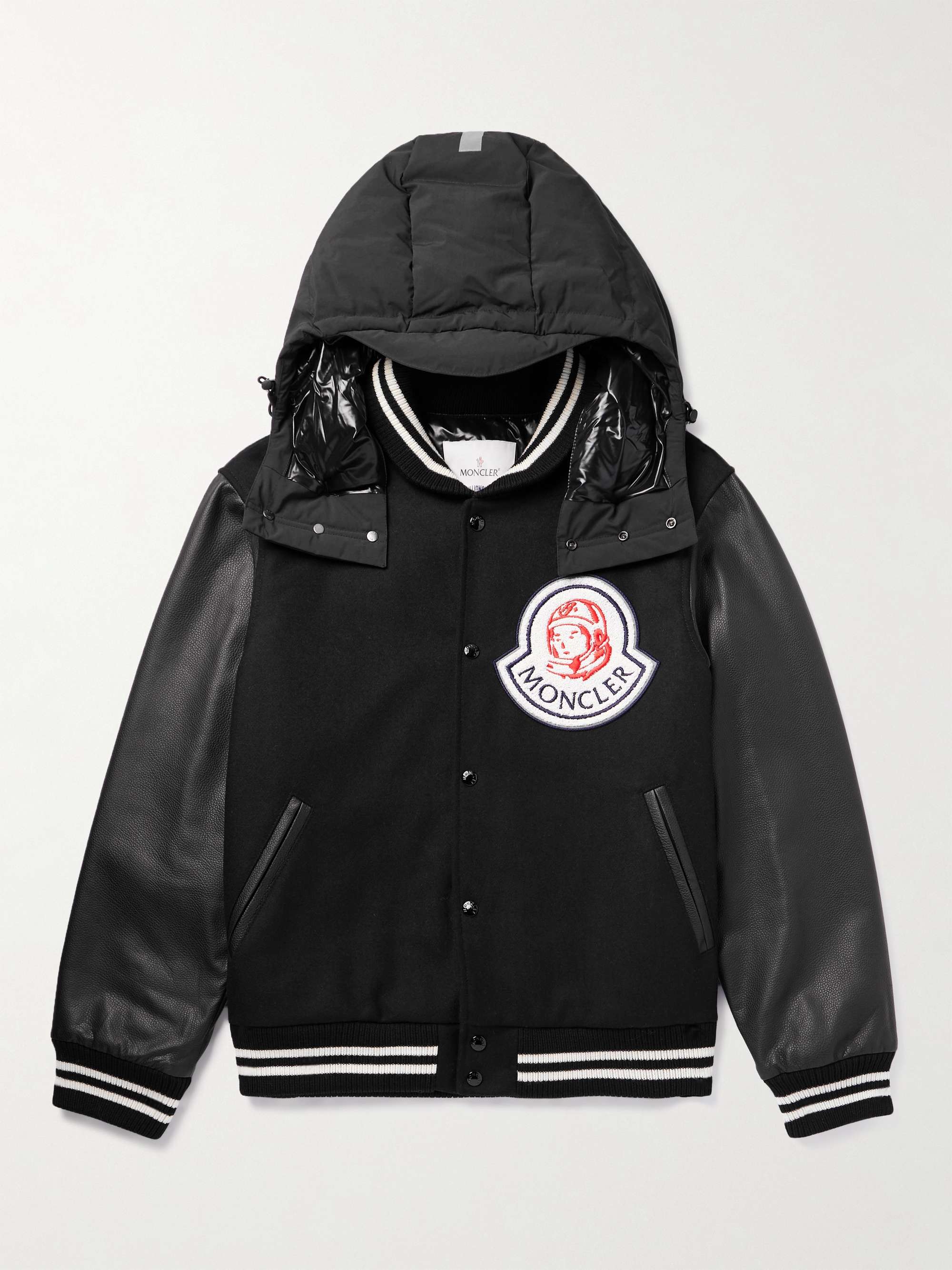 + Billionare Boys Club Leather-Trimmed Logo-Appliquéd Embroidered Wool-Blend Hooded Bomber Jacket view