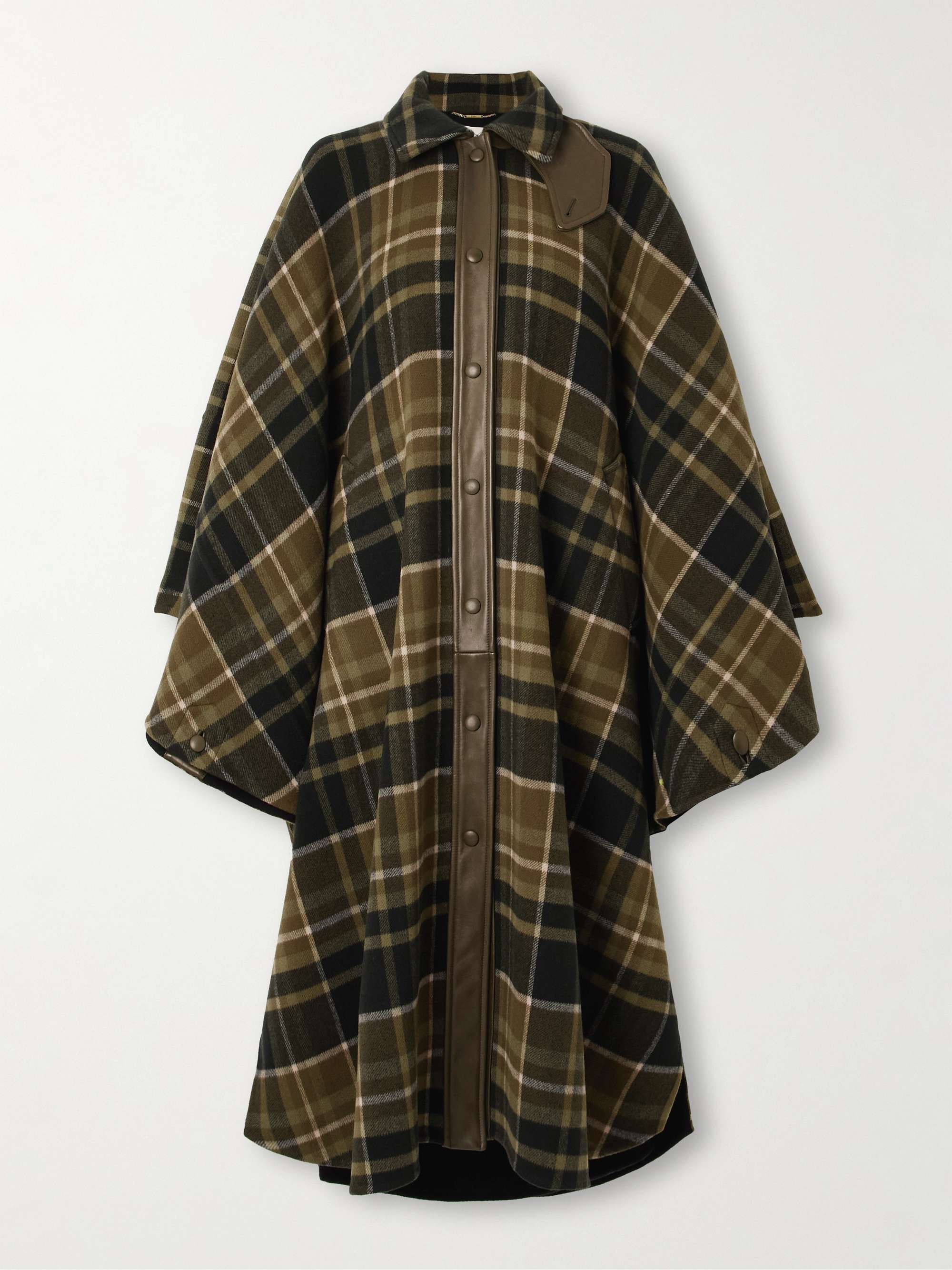 Oversized leather-trimmed checked wool-blend flannel coat view