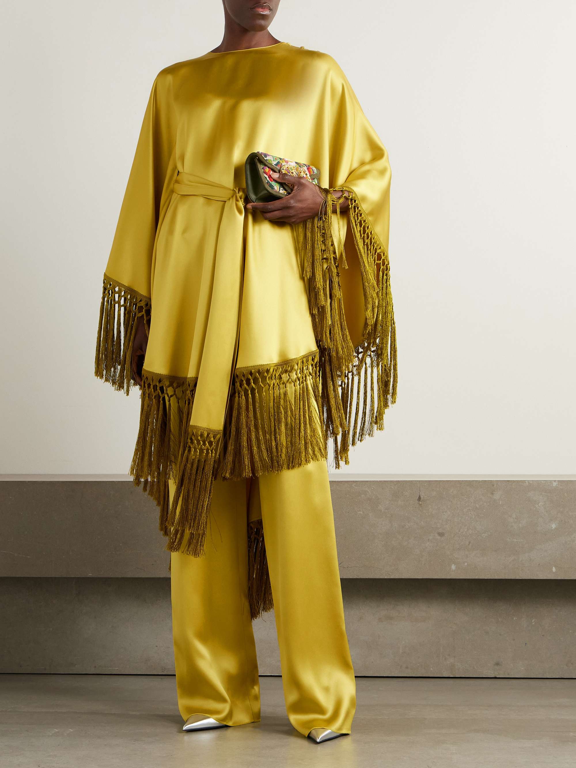 Belted fringed draped duchesse silk-satin dress view