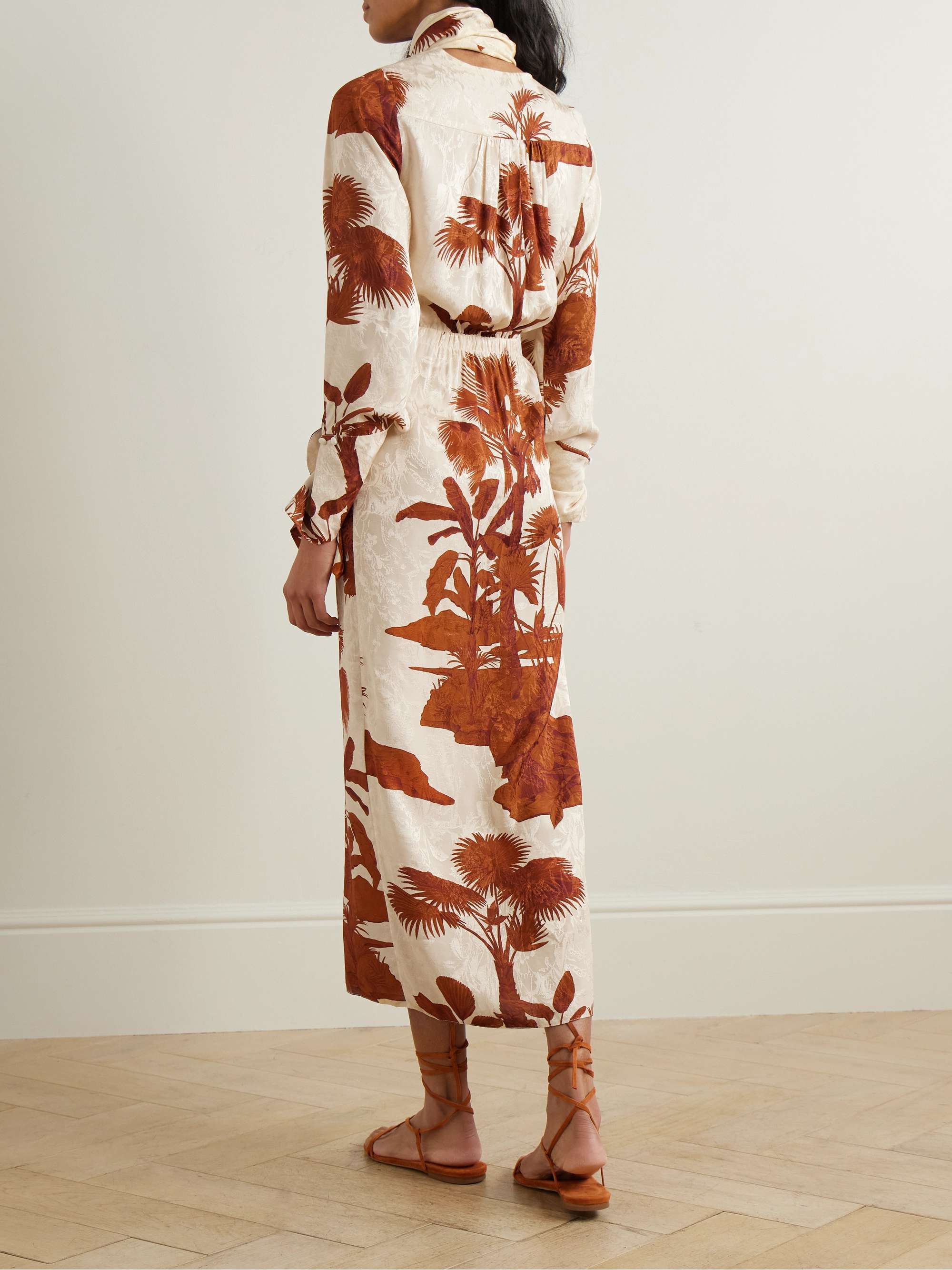 Unmooring tie-detailed printed satin-jacquard midi wrap dress view