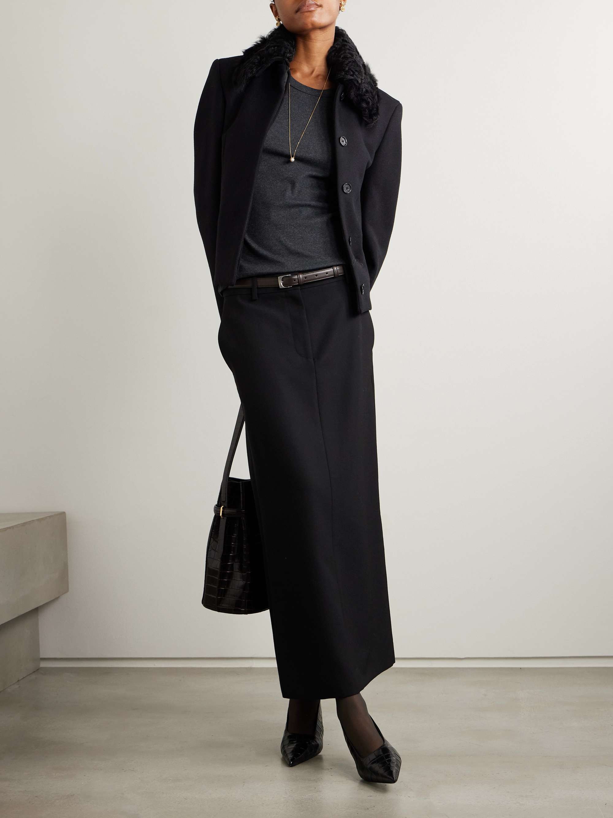 Shearling-trimmed recycled wool-blend jacket view