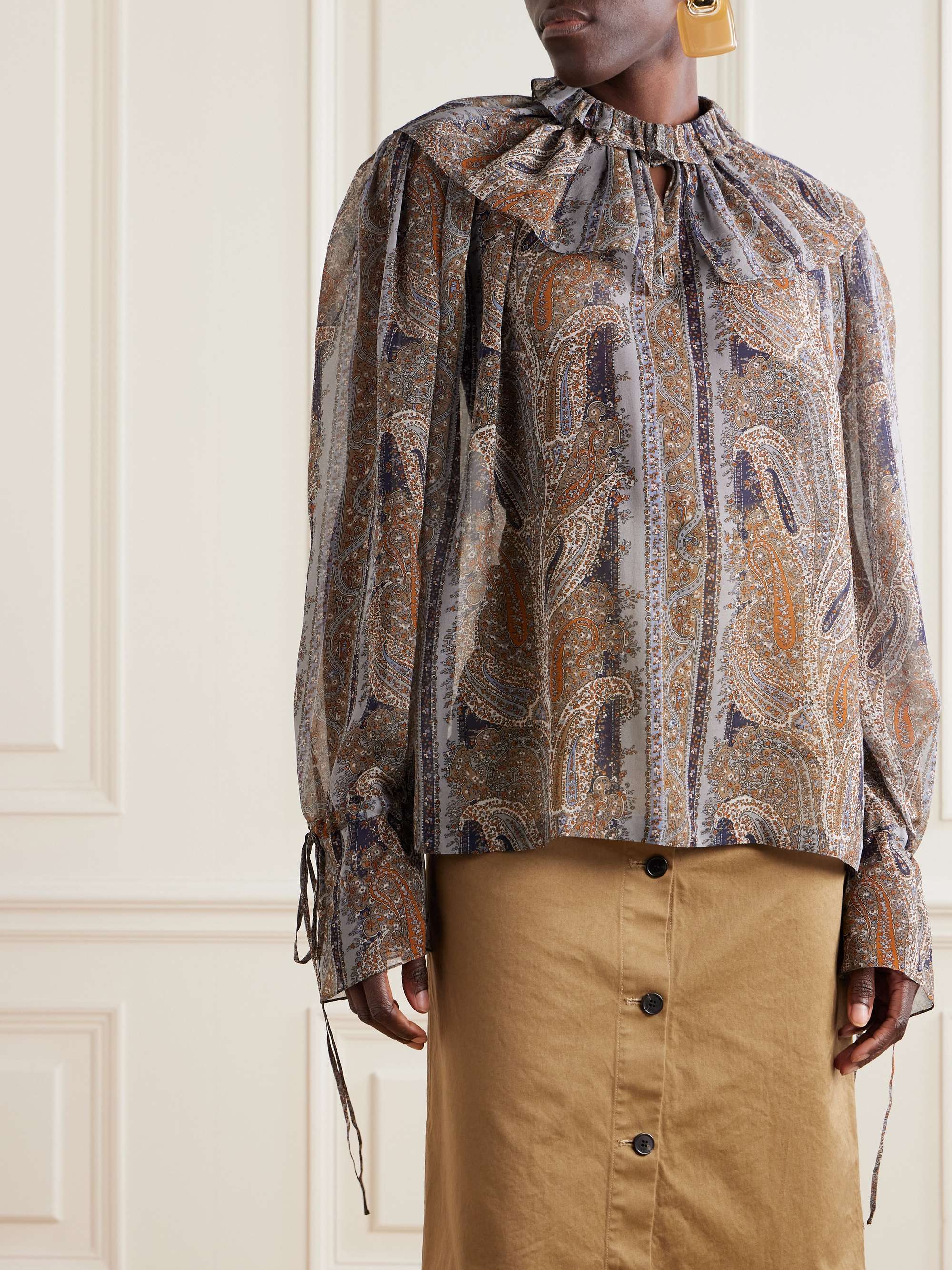 Ruched paisley-print silk blouse view