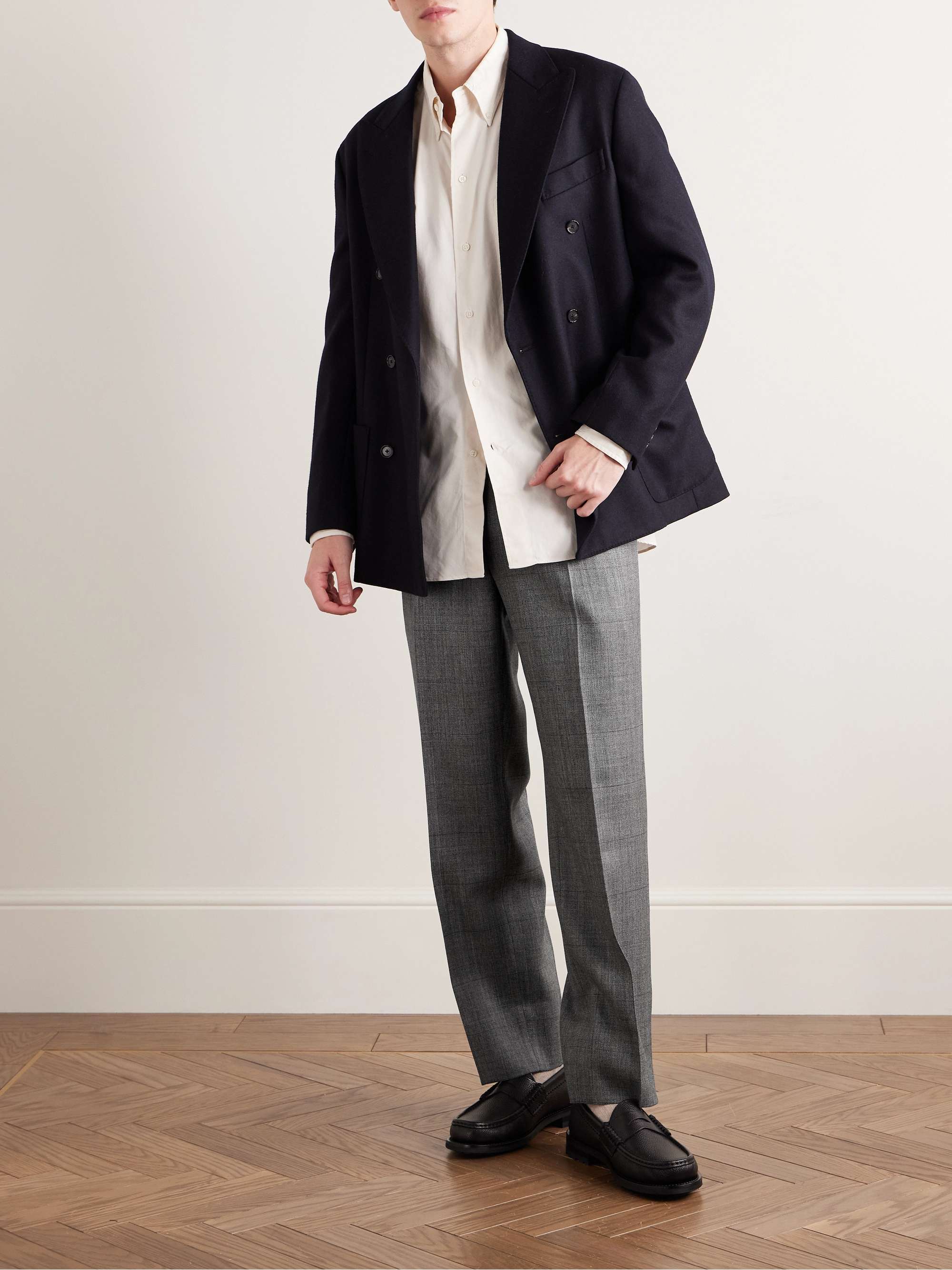 Manhattan Straight-Leg Pleated Checked Wool-Gabardine Trousers view