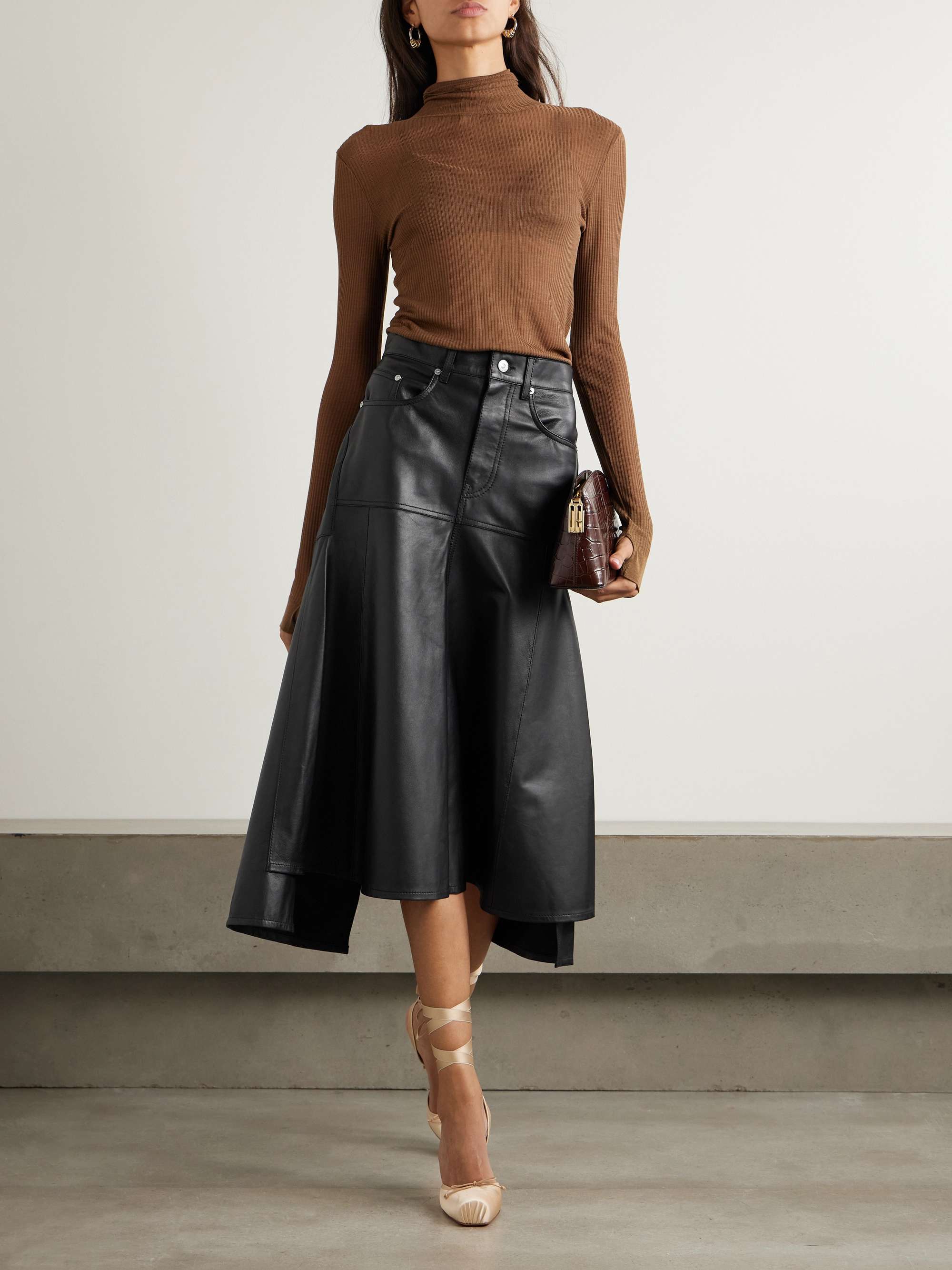 Paneled leather midi skirt view