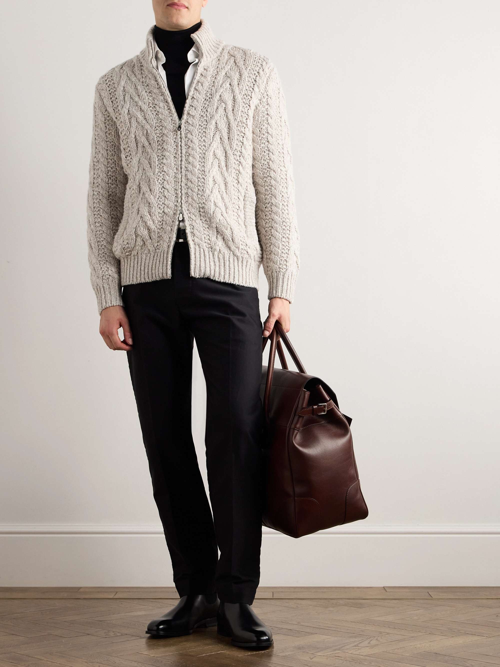 Cable-Knit Wool and Cashmere-Blend Zip-Up Cardigan view