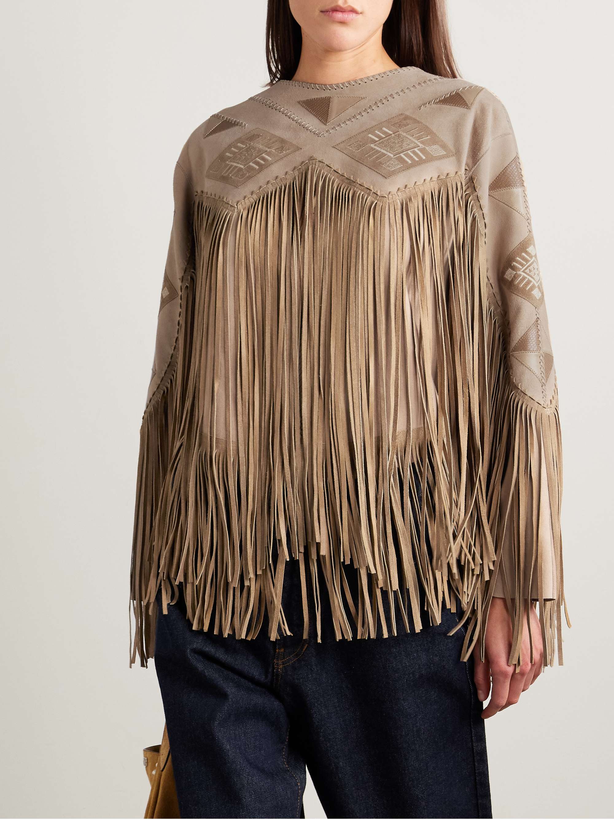 Dolci fringed leather-trimmed embroidered suede top view