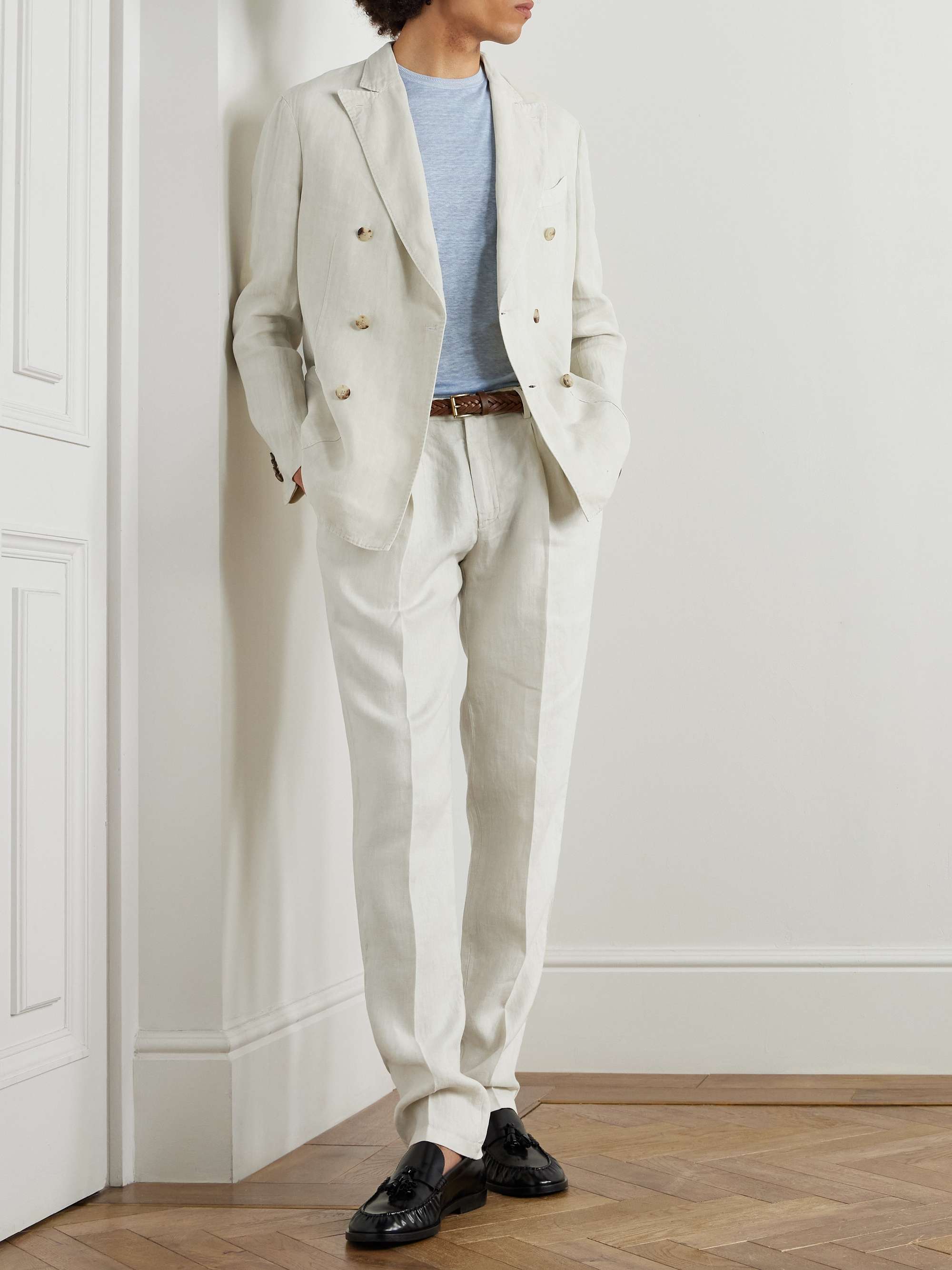 Slim-Fit Pleated Herringbone Linen Suit Trousers view