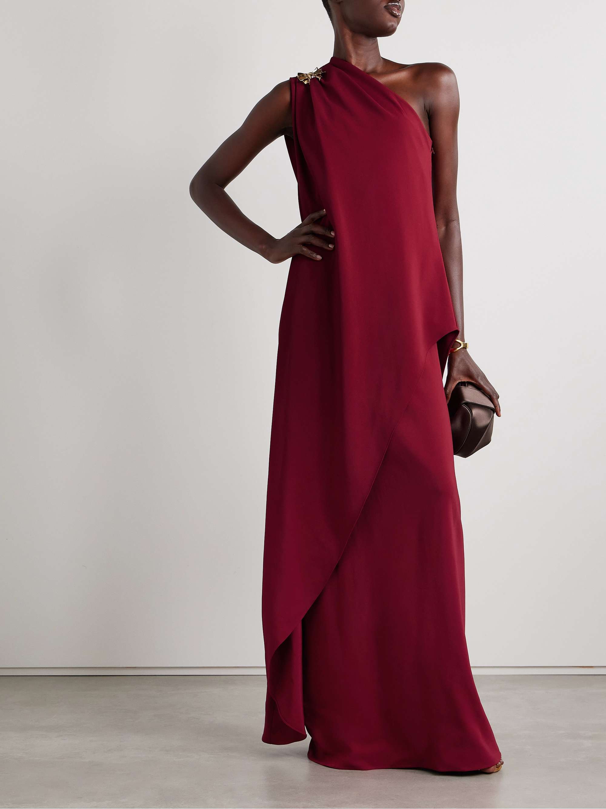 One-shoulder embellished draped cady gown view