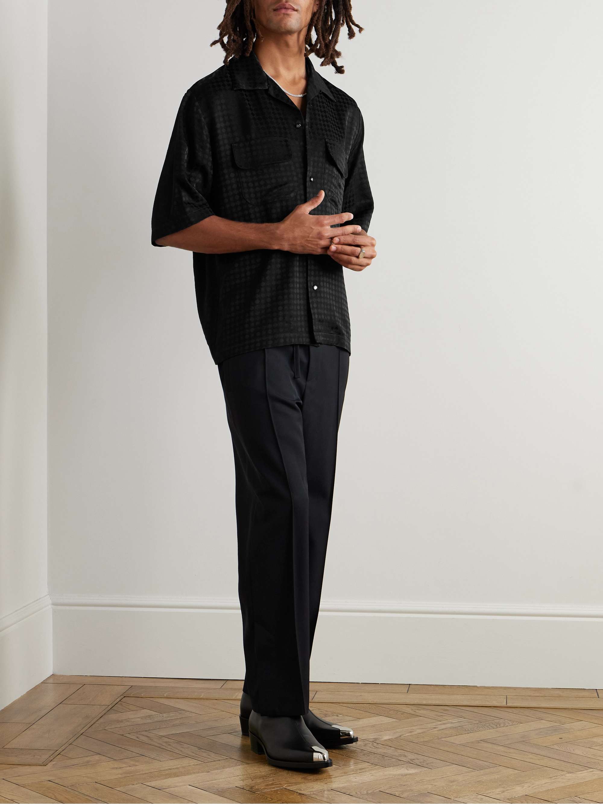 Convertible-Collar Logo-Embroidered Satin-Jacquard Shirt view