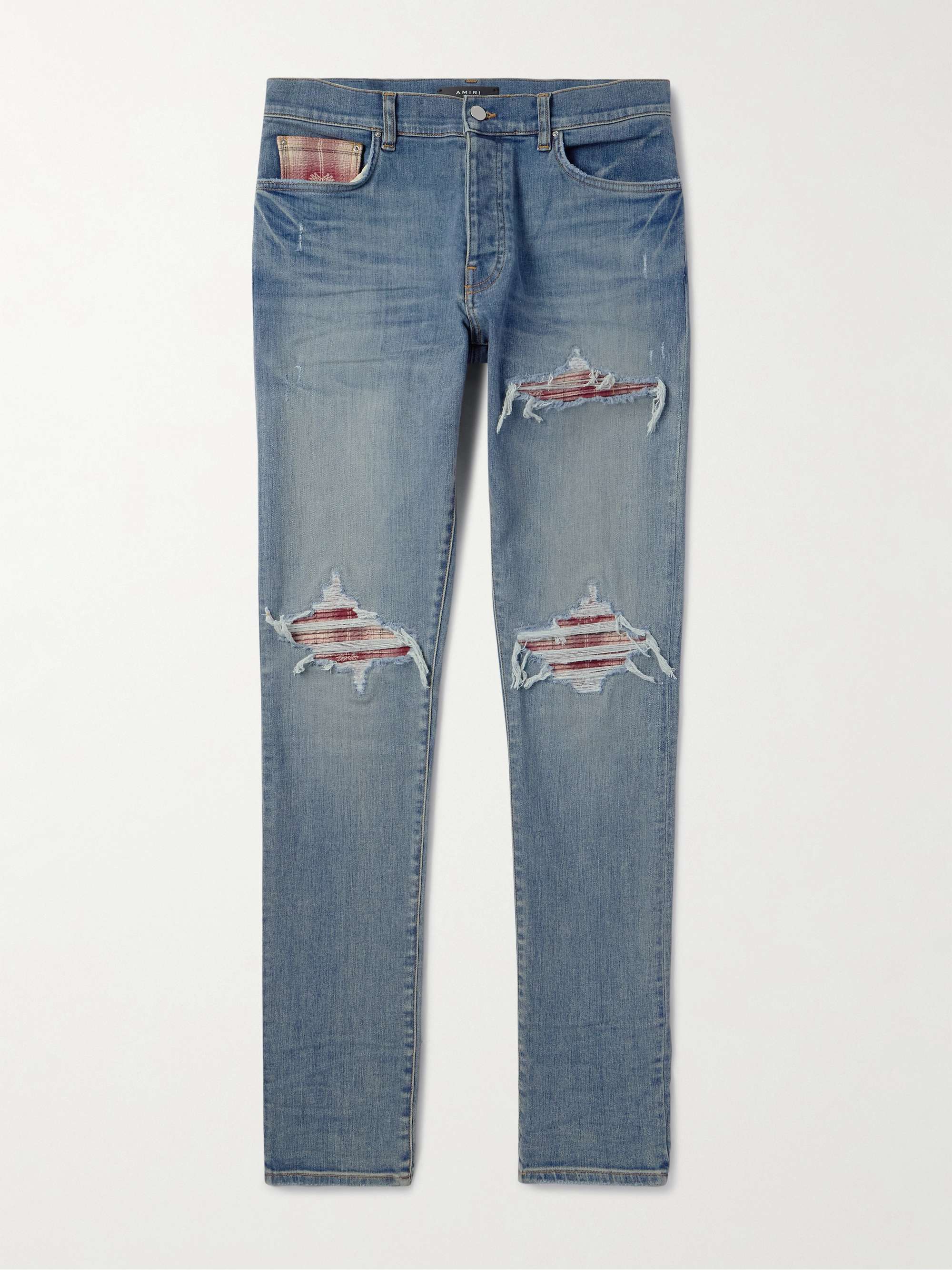Skinny-Fit Distressed Patchwork Jeans view