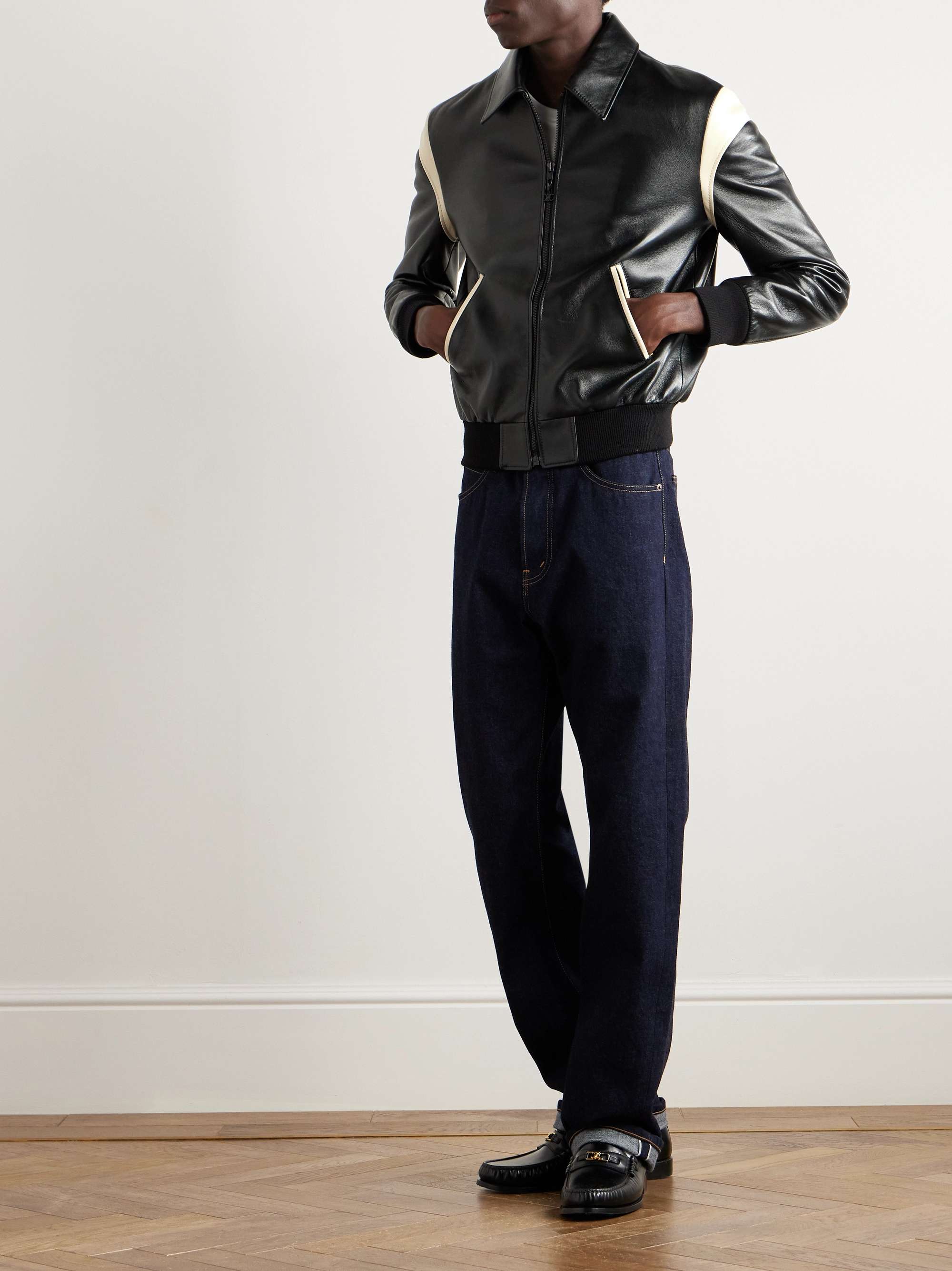 Teddy Slim-Fit Colour-Block Leather Varsity Jacket view