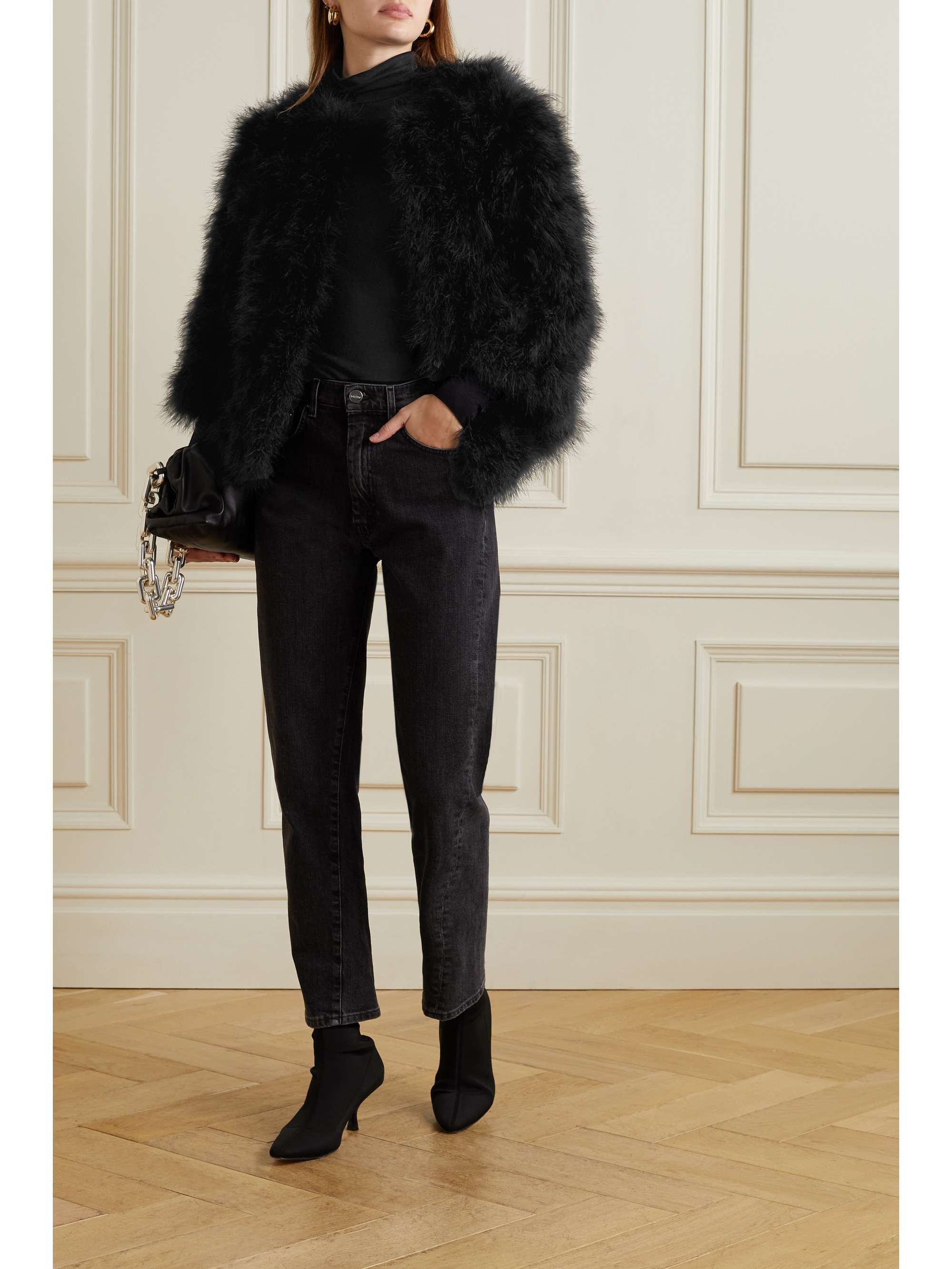 Cropped feathered satin jacket view