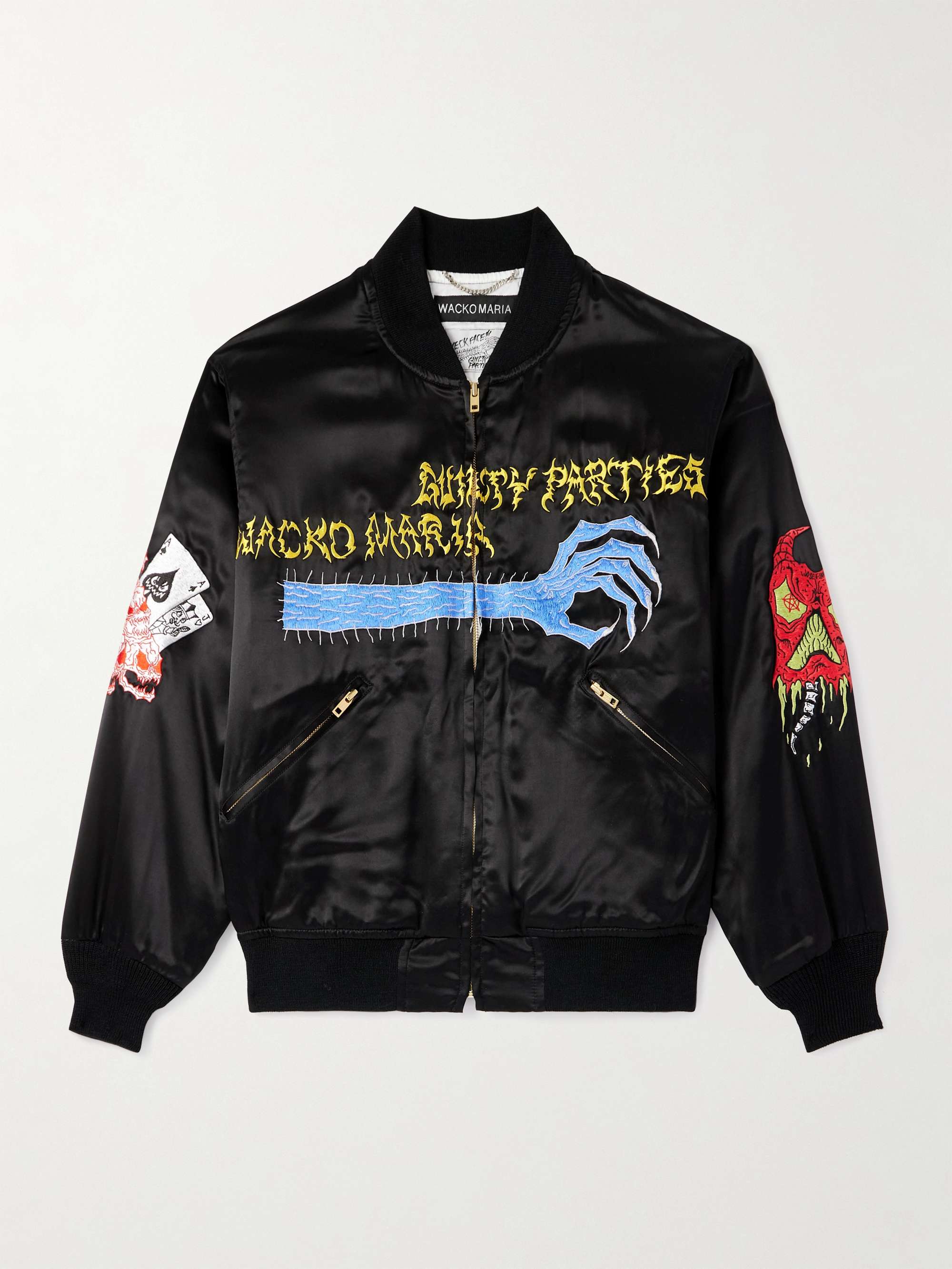 + Neck Face Embroidered Satin Bomber Jacket view