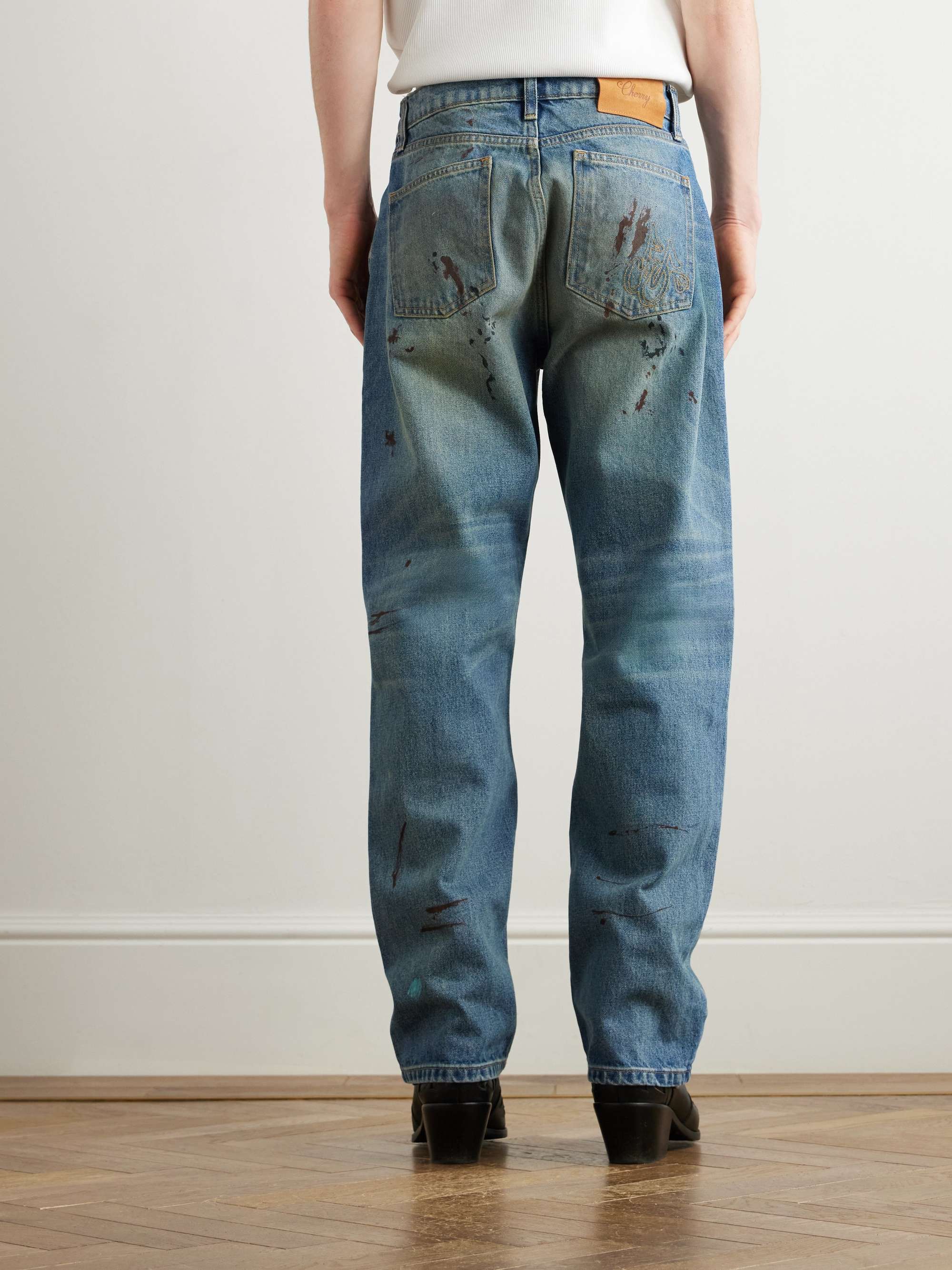 Straight-Leg Logo-Embroidered Paint-Splattered Jeans view