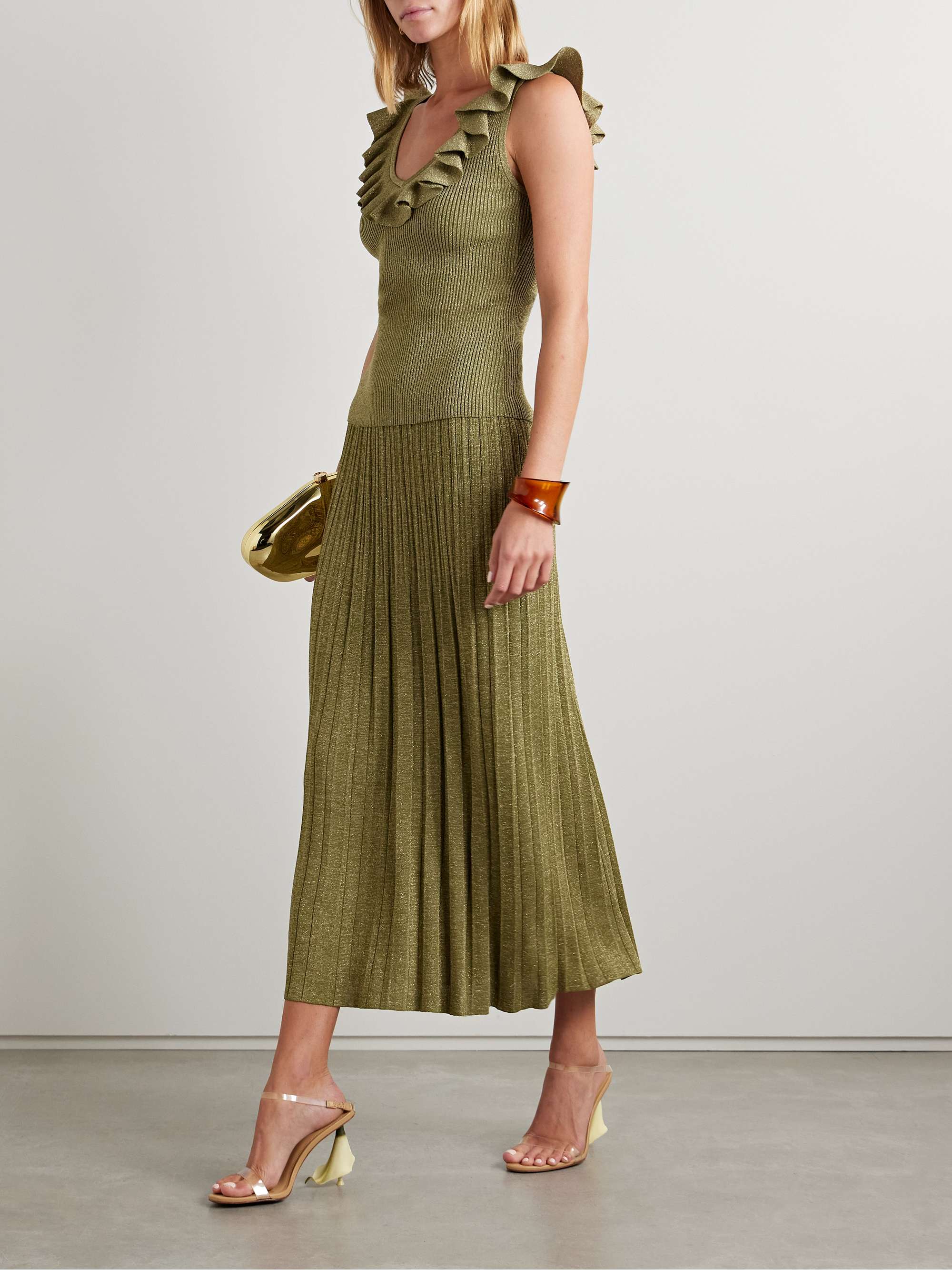 Wylie ruffled metallic ribbed-knit top view