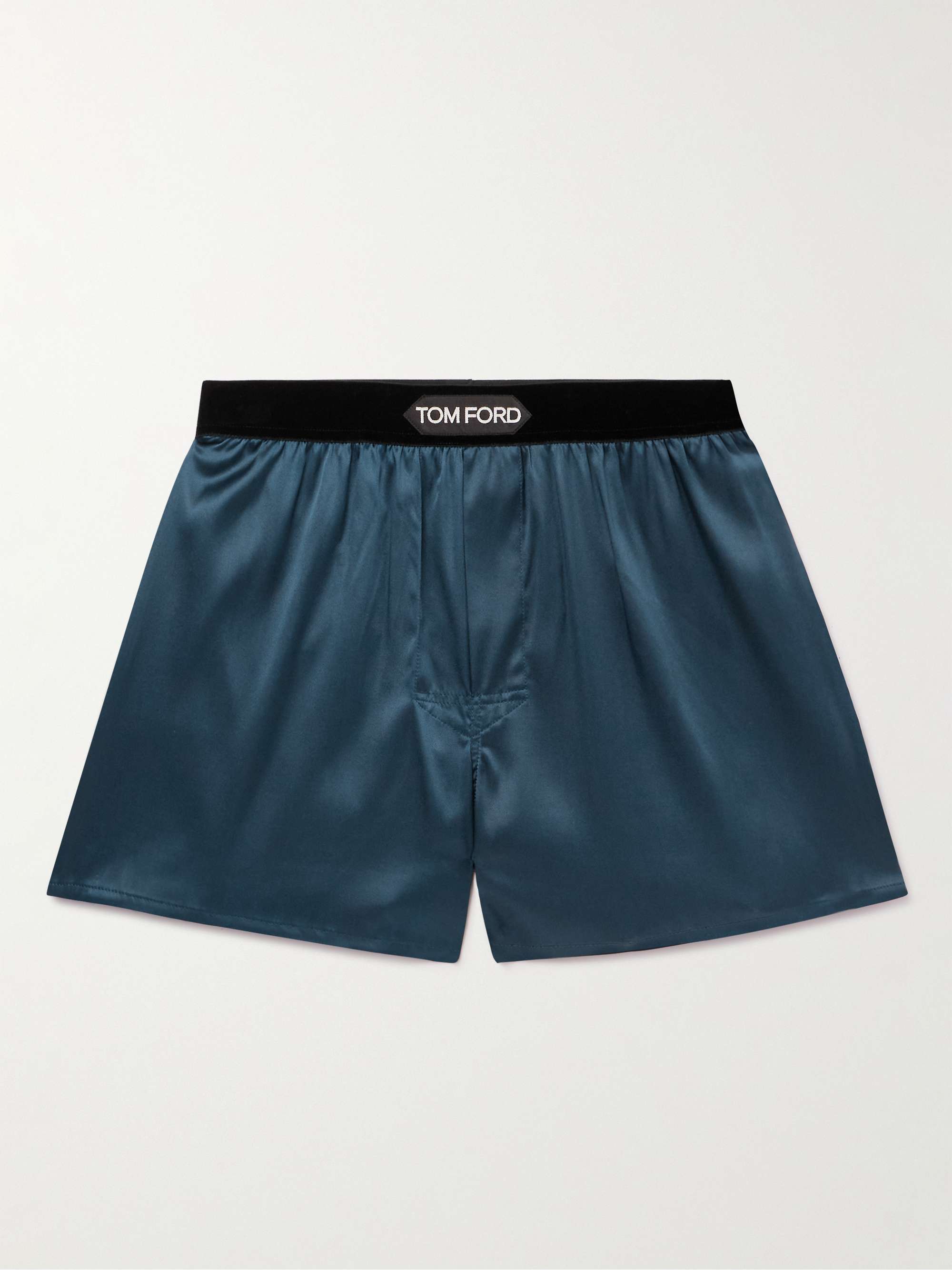 Velvet-Trimmed Stretch-Silk Satin Boxer Shorts view