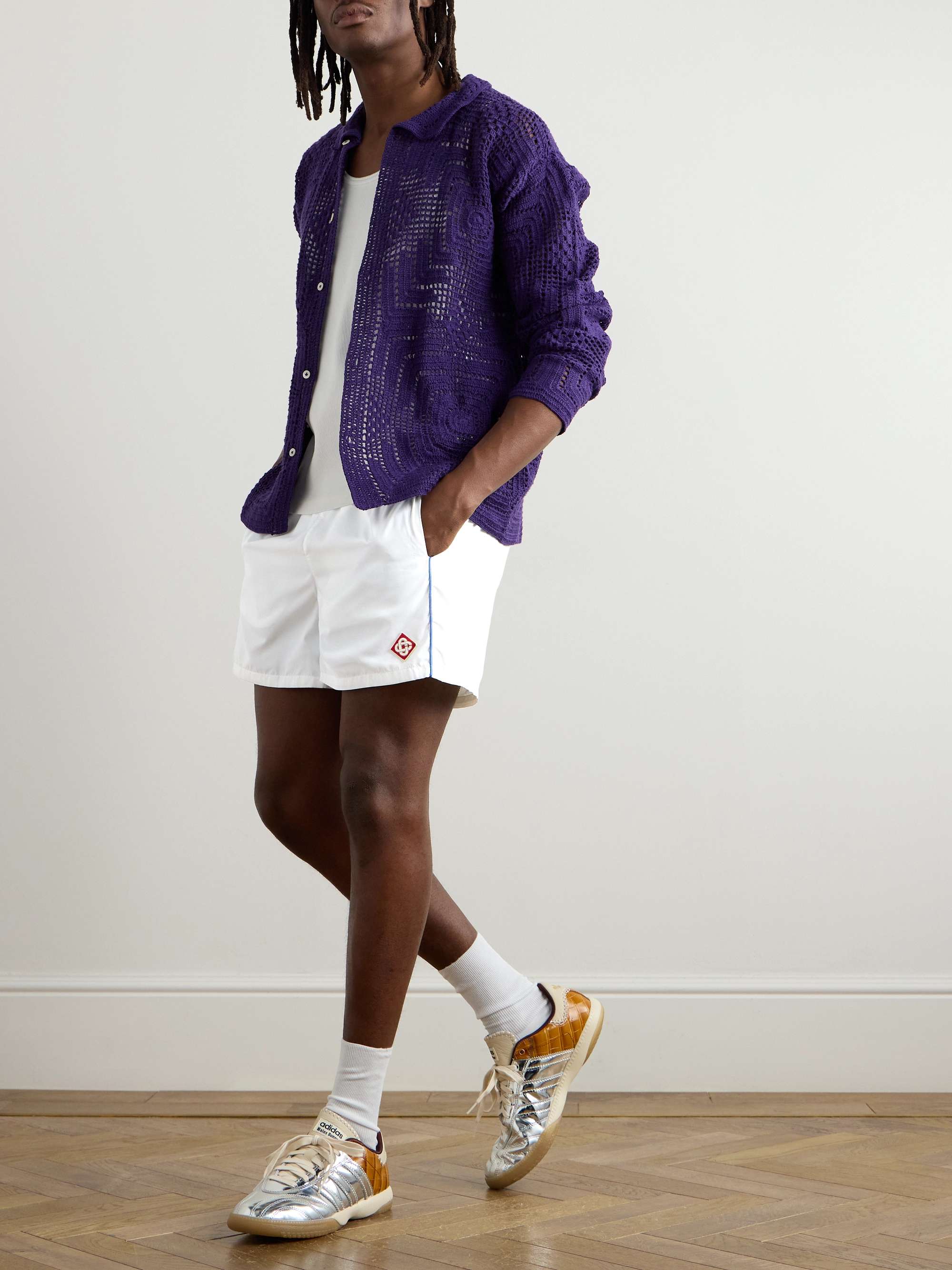 Wide-Leg Logo-Appliquéd Striped Shell Shorts view