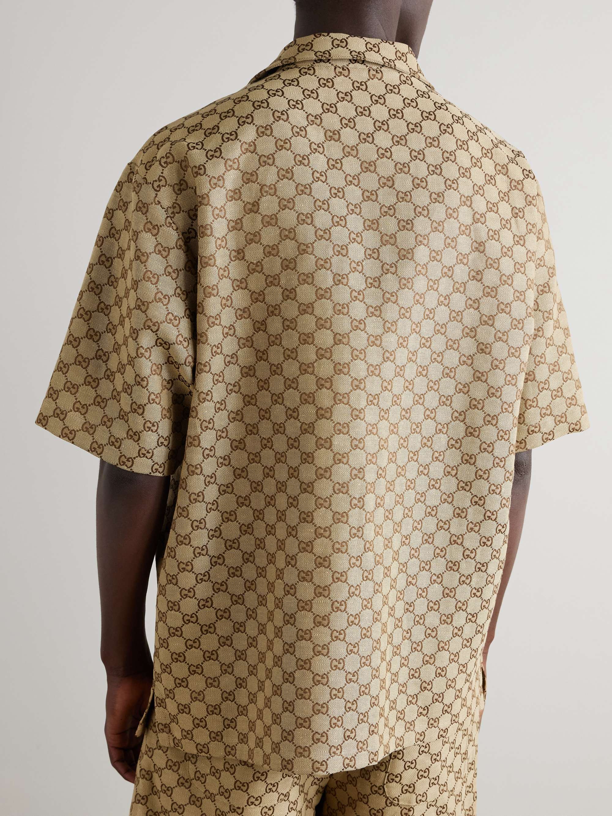 Camp-Collar Monogrammed Linen-Blend Jacquard Shirt view