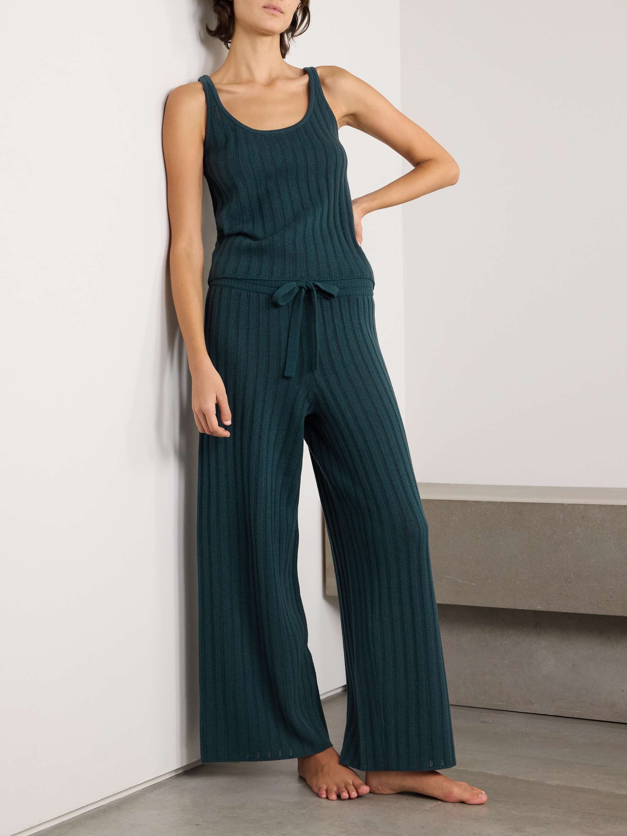 Luxe Somptueux ribbed and pointelle-knit wool and cashmere-blend wide-leg track pants view