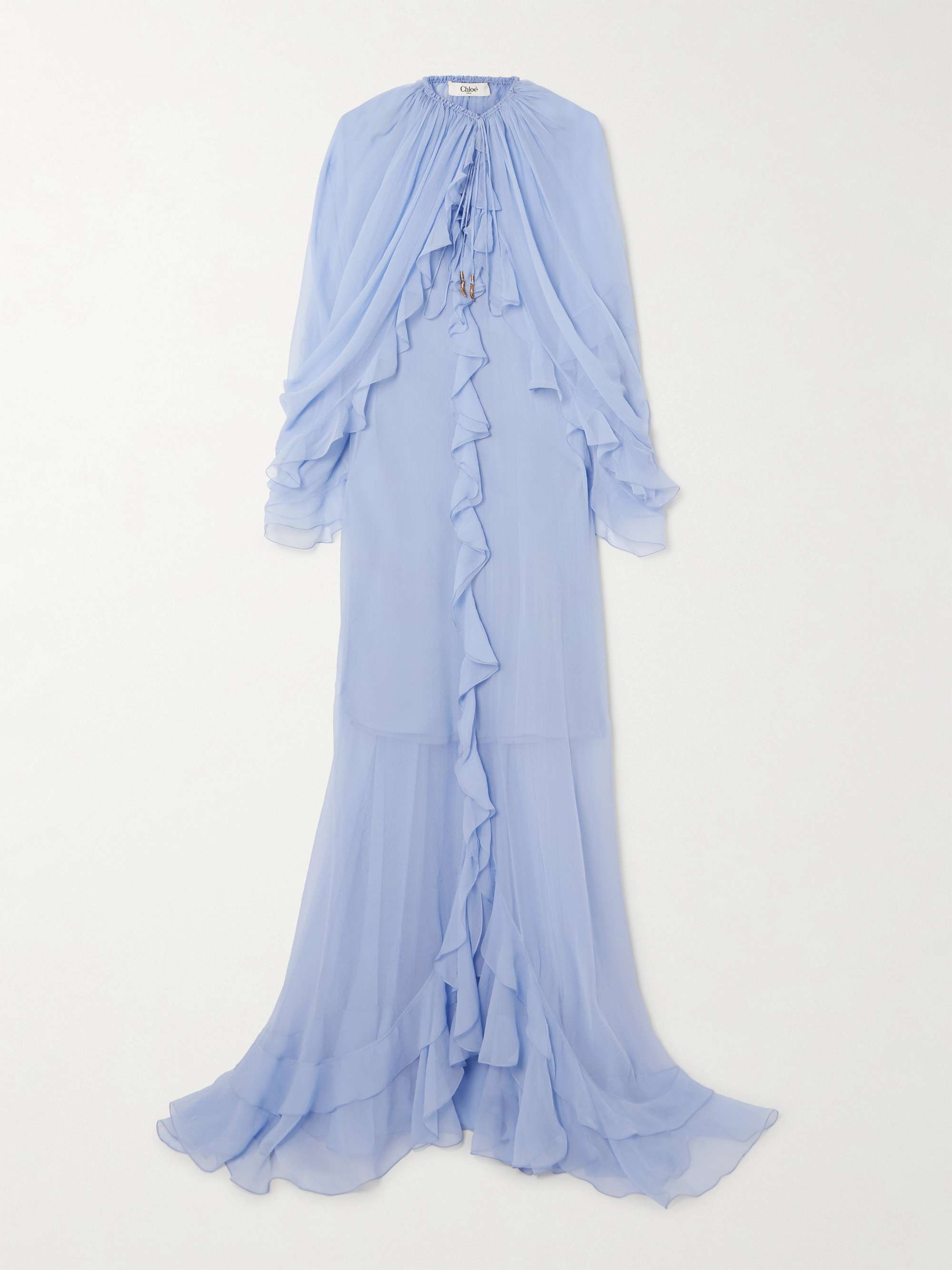 Cape-effect open-back ruffled silk-crepon gown view