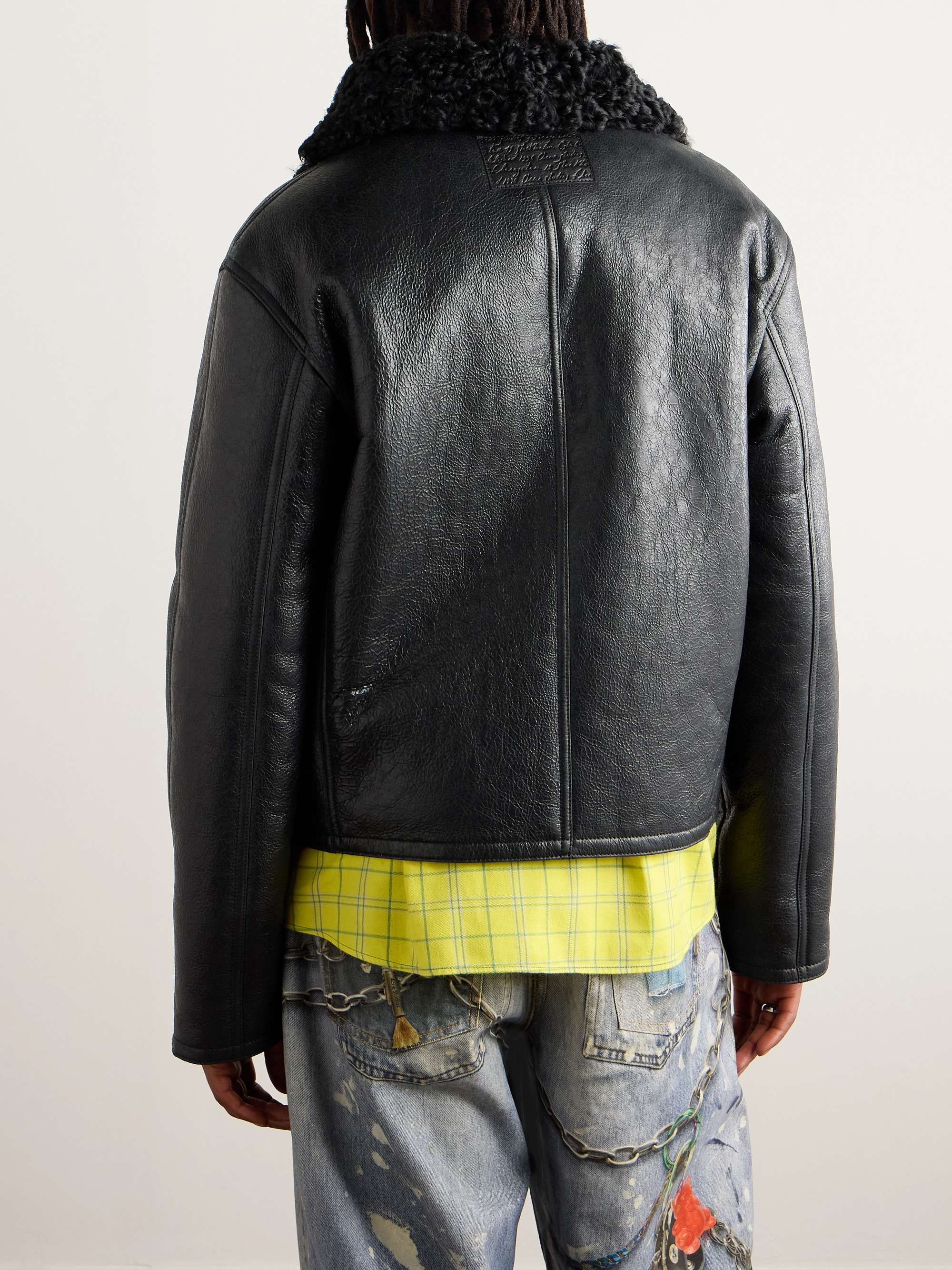Shearling-Trimmed Cracked-Leather Jacket view