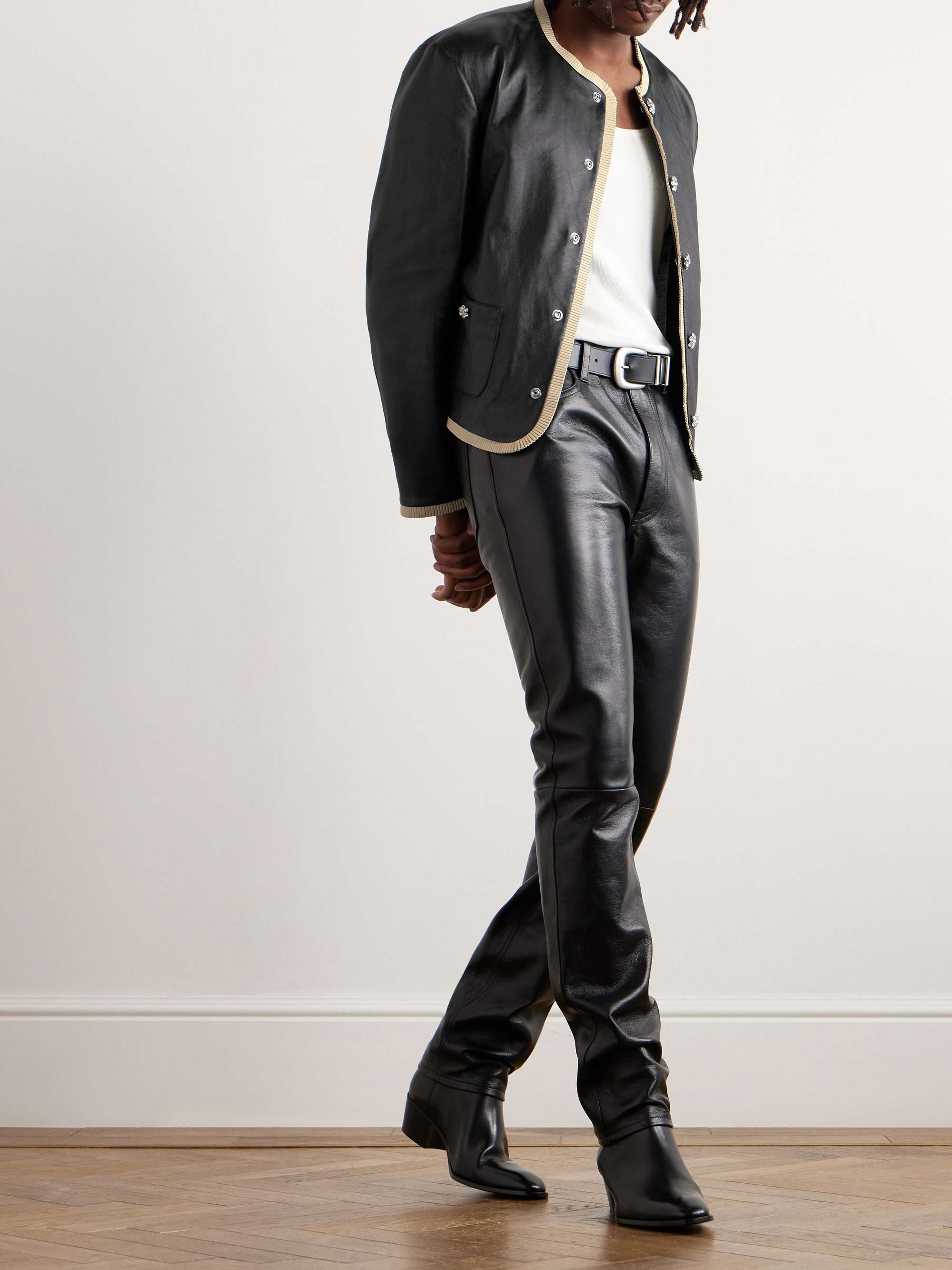 Slim-Fit Crystal-Embellished Leather Jacket view