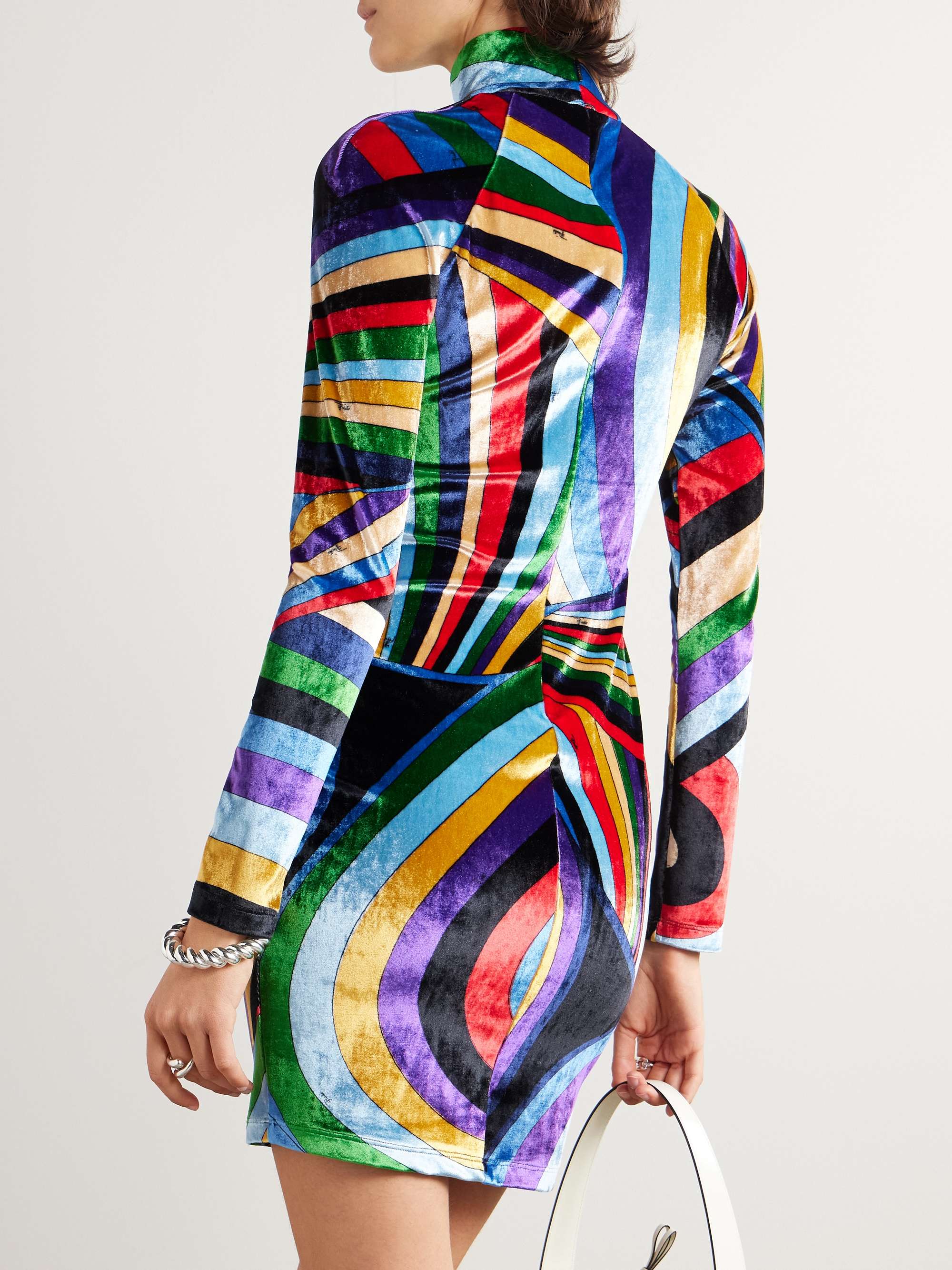 Printed stretch-velvet turtleneck mini dress view