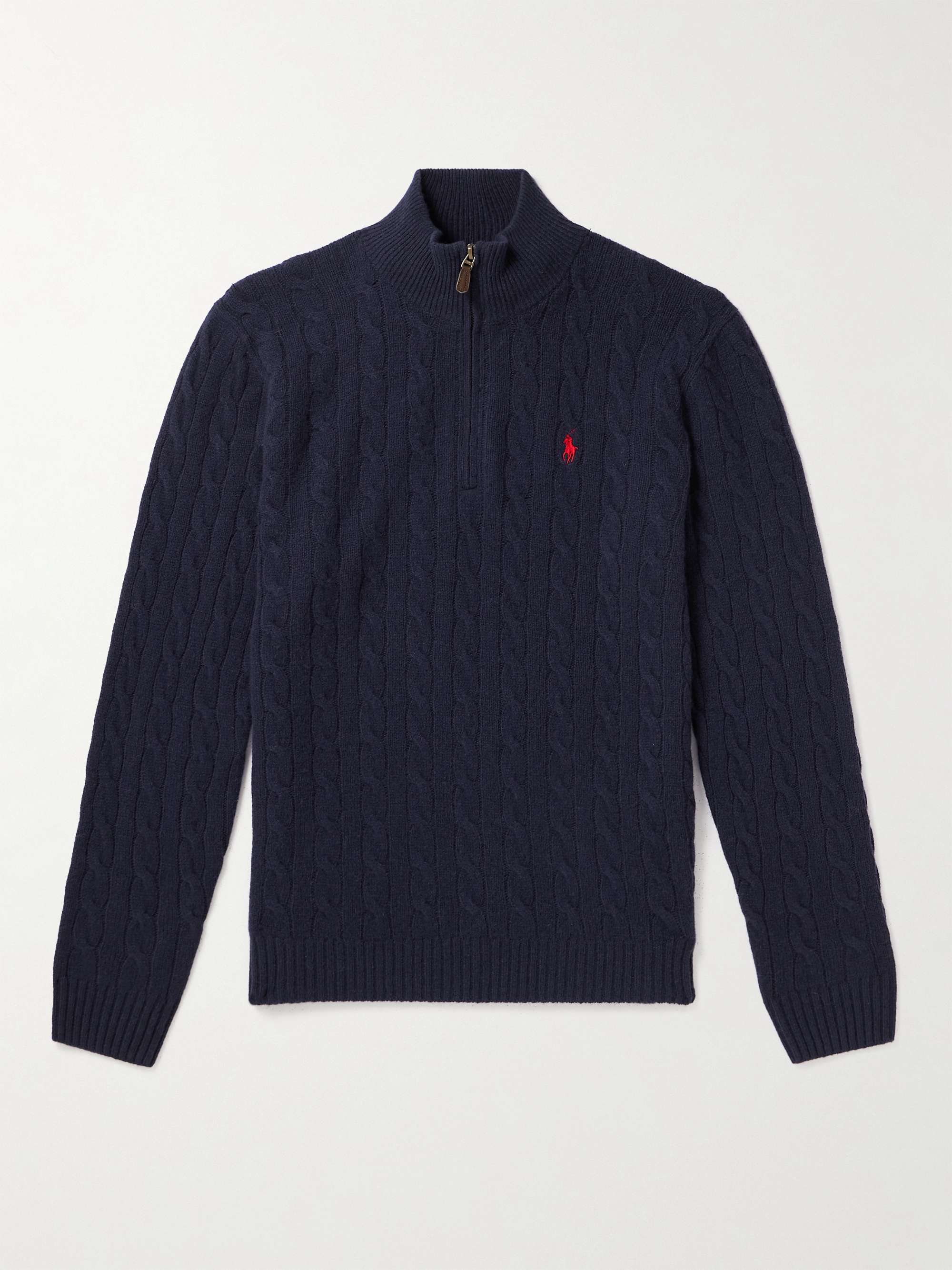 Logo-Embroidered Cable-Knit Wool and Cashmere-Blend Half-Zip Sweater view