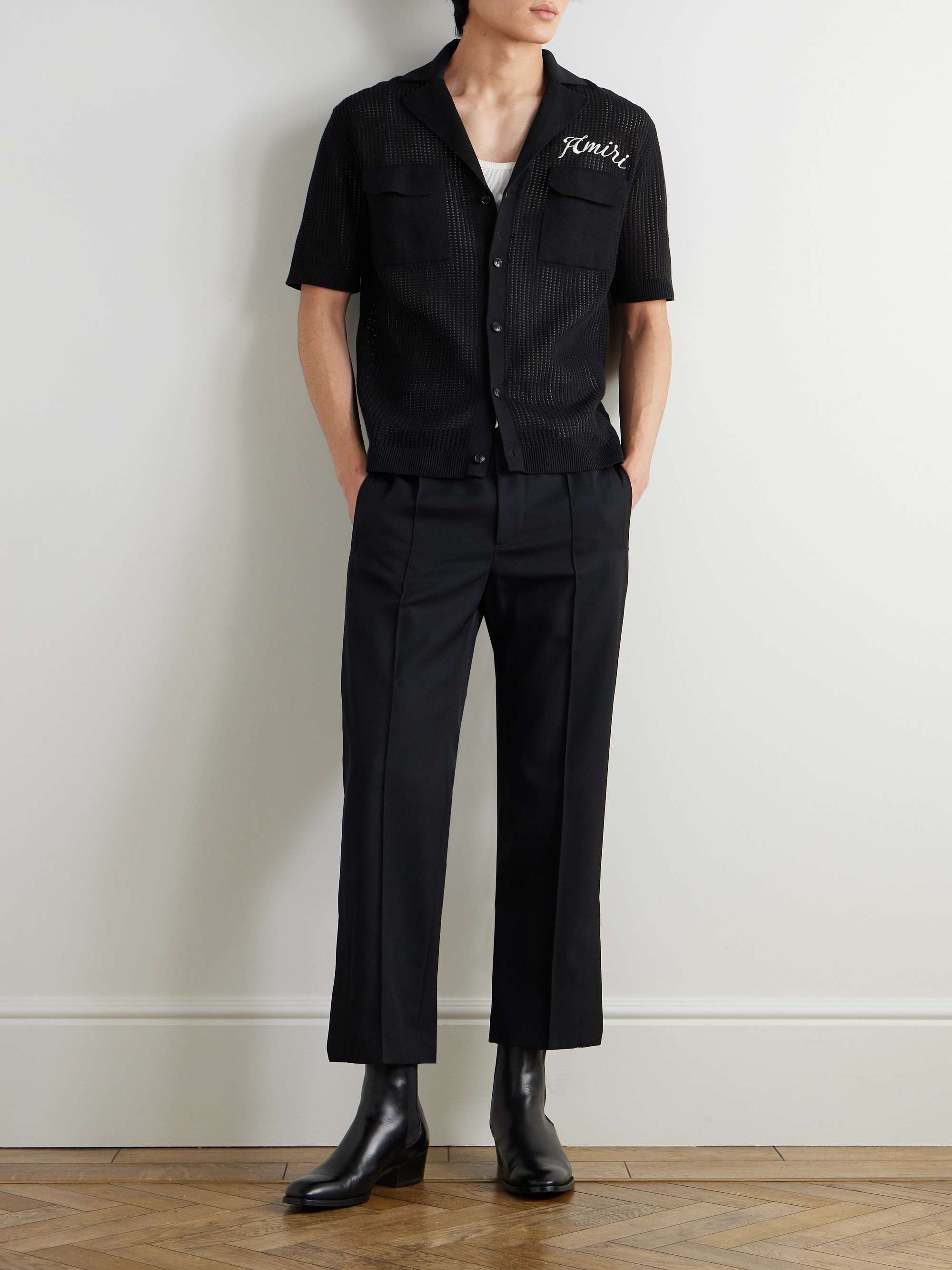 Camp-Collar Logo-Embroidered Open-Knit Cotton Shirt view