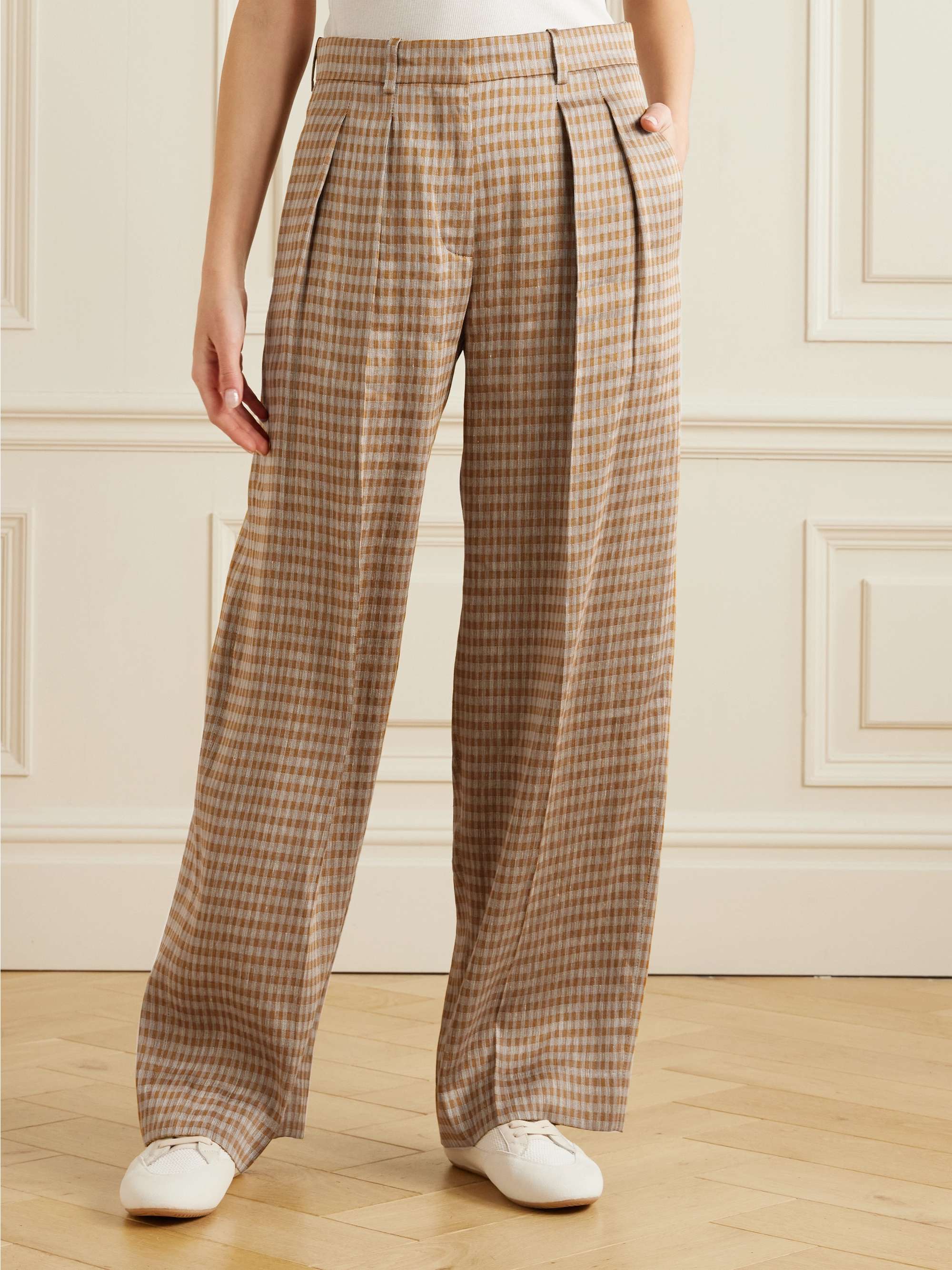 Sherry pleated checked linen-blend wide-leg pants view
