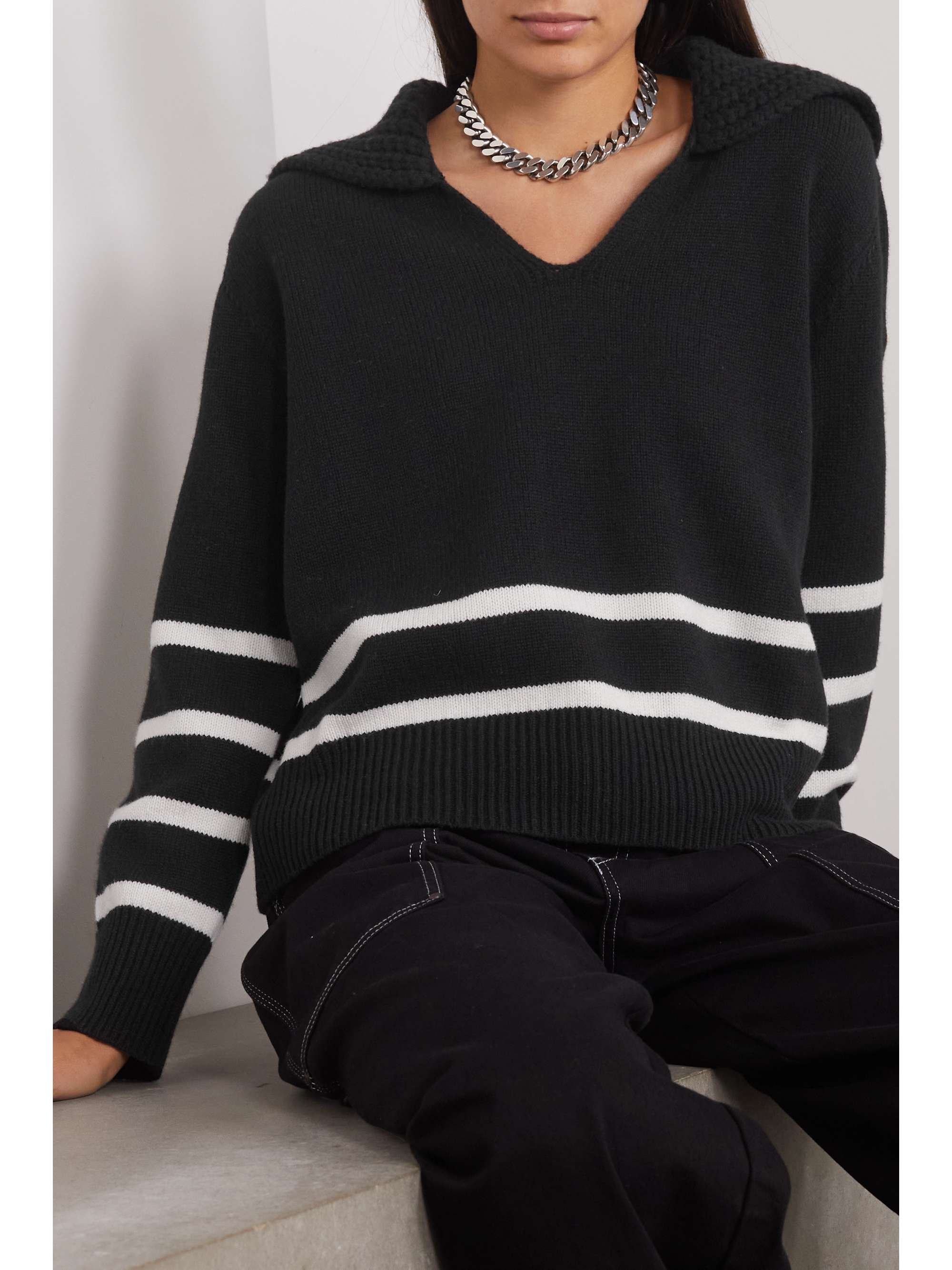 Appliquéd striped wool and cashmere-blend sweater view