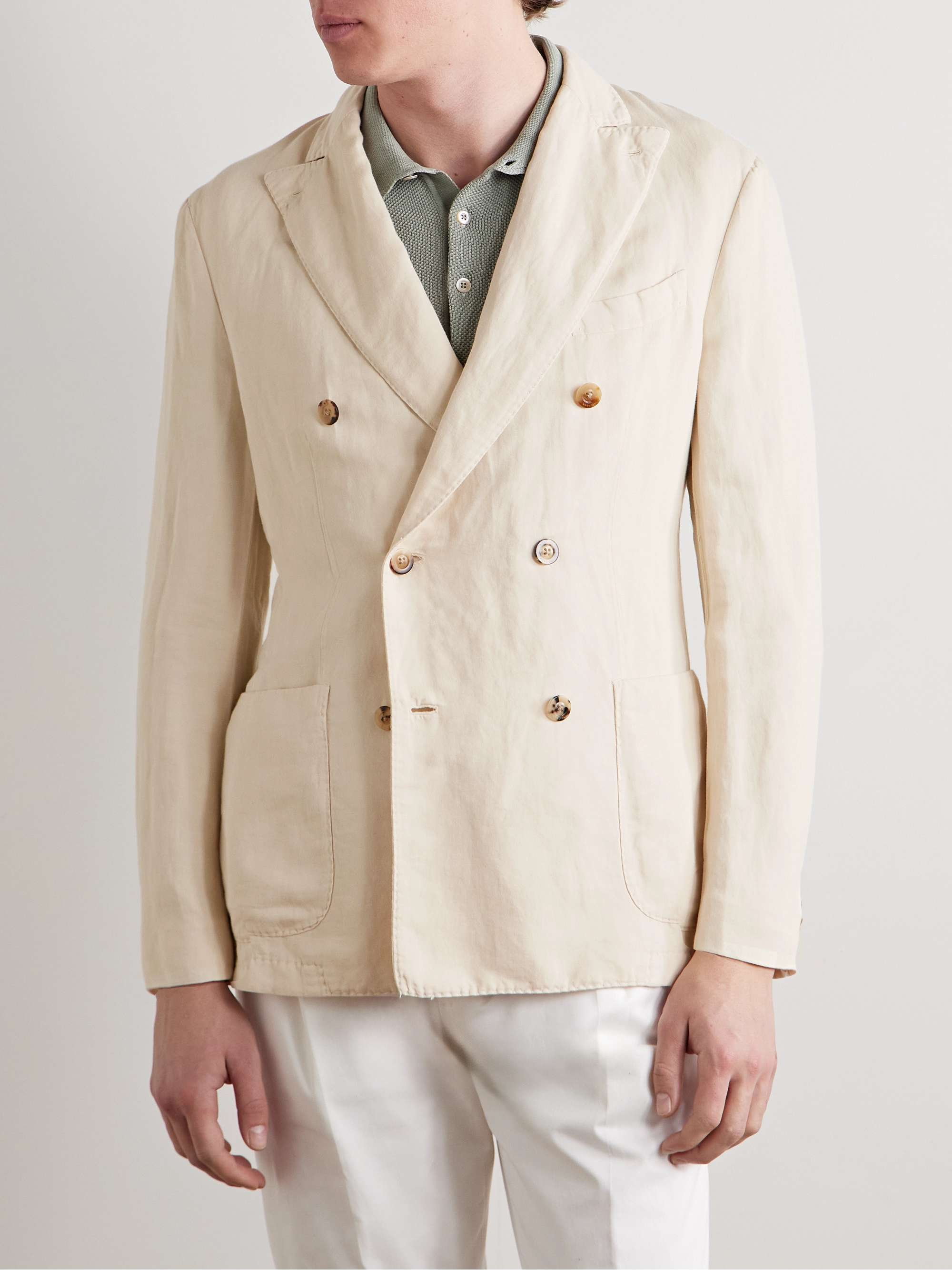 Double-Breasted Garment-Dyed Cotton and Linen-Blend Blazer view