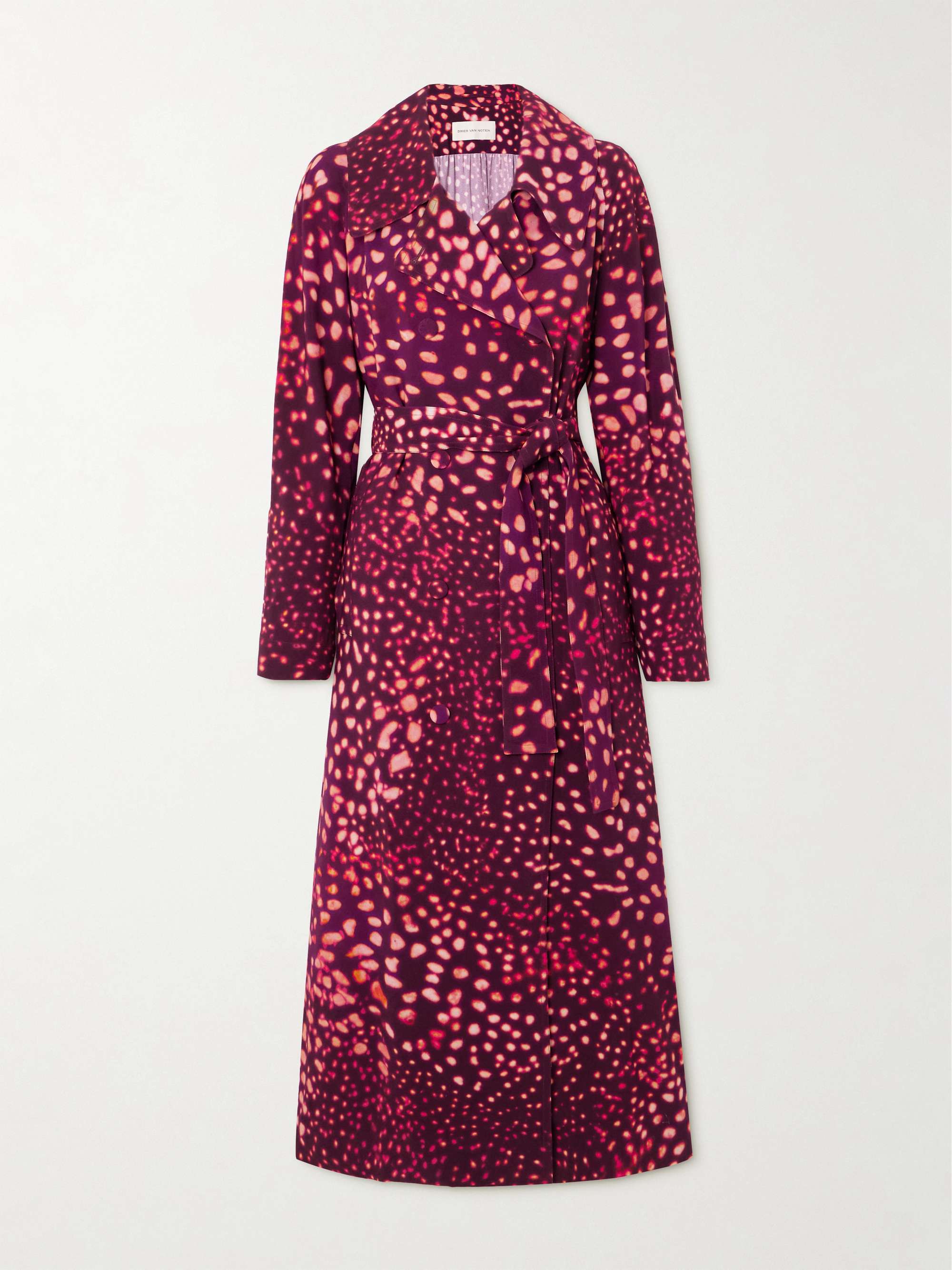 Double-breasted belted printed crepe trench coat view