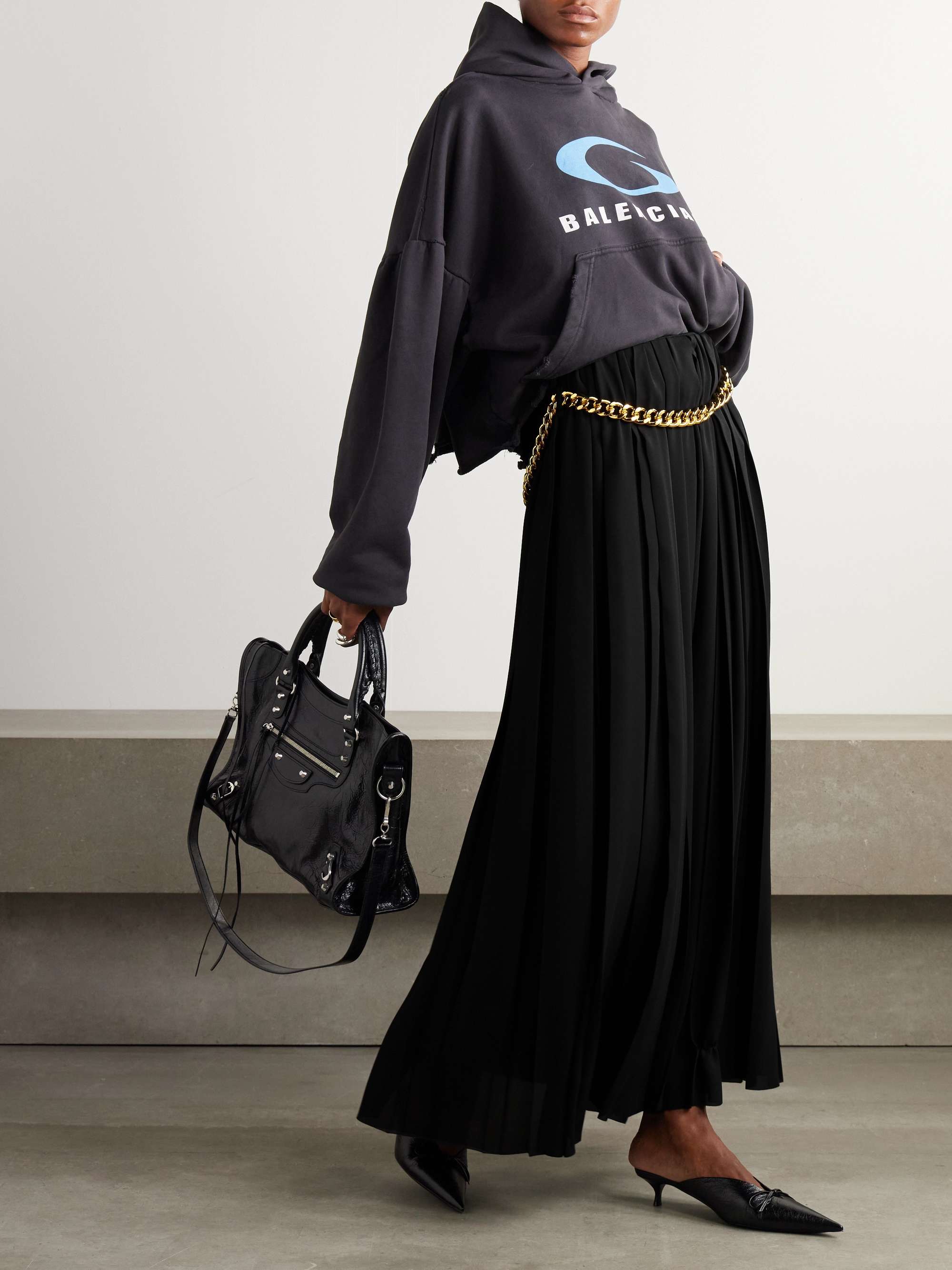Chain-embellished pleated crepe maxi skirt view