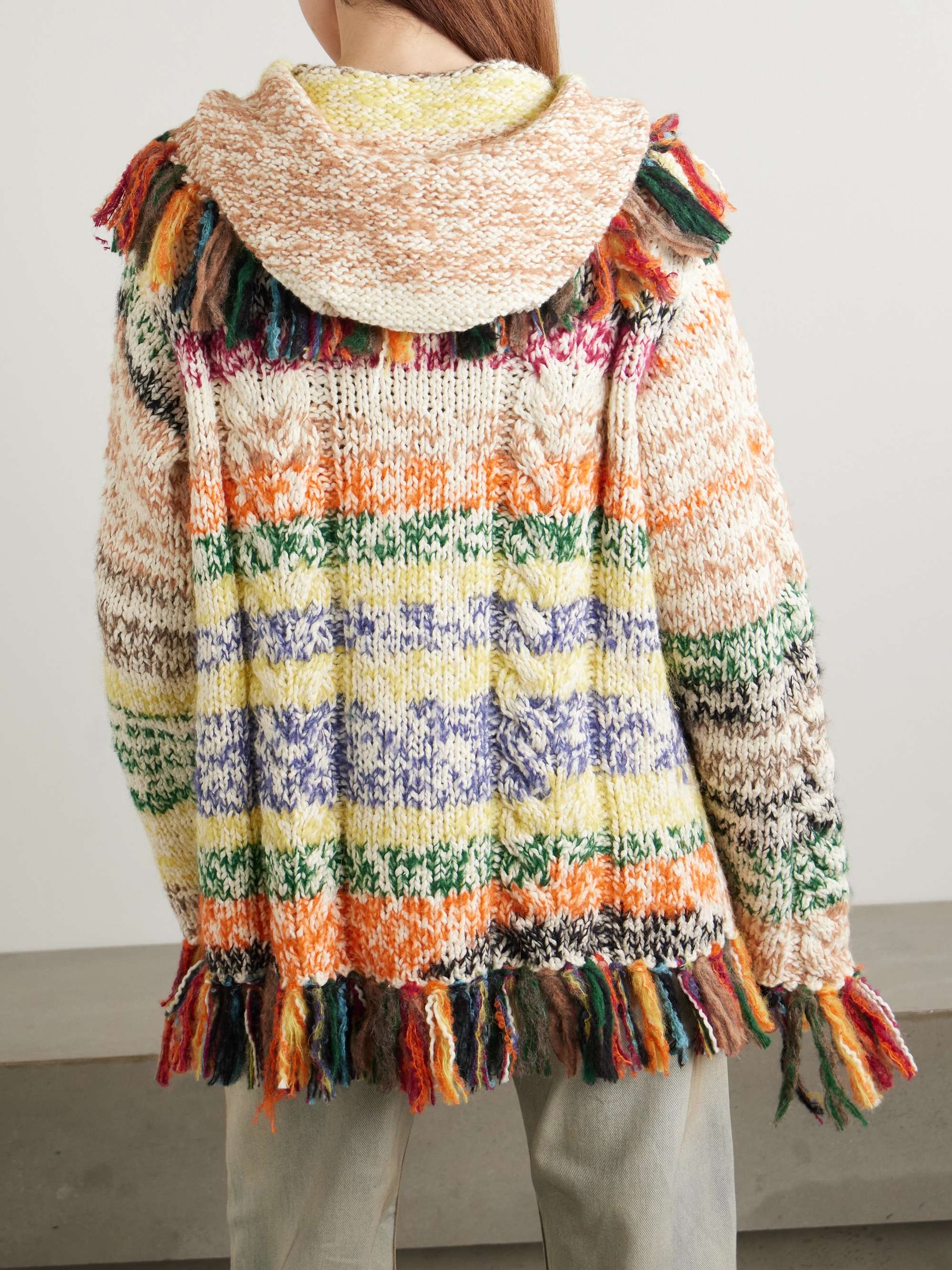 Run Ragged hooded fringed striped cable-knit cotton cardigan view