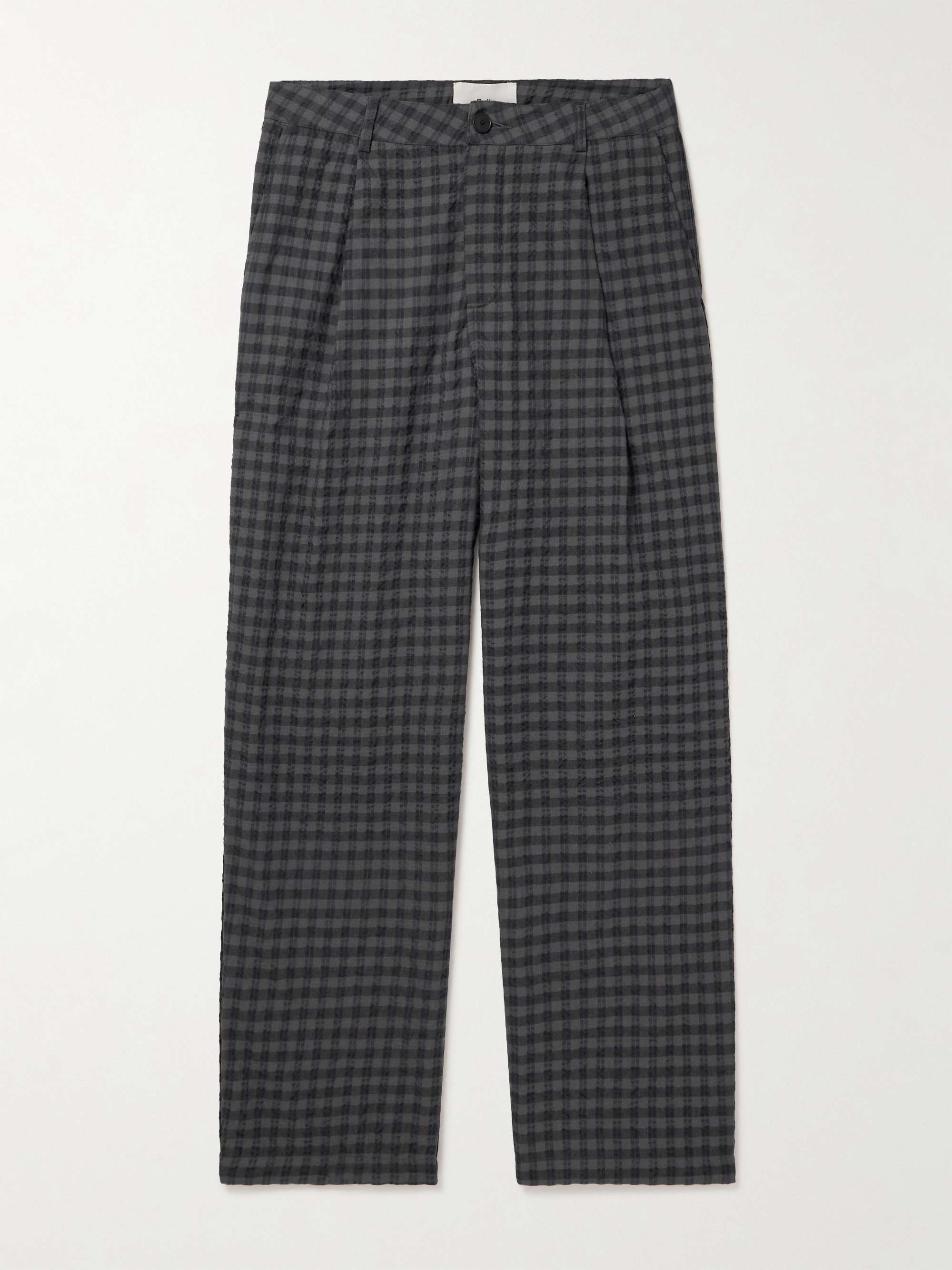 Wide-Leg Pleated Checked Seersucker Trousers view