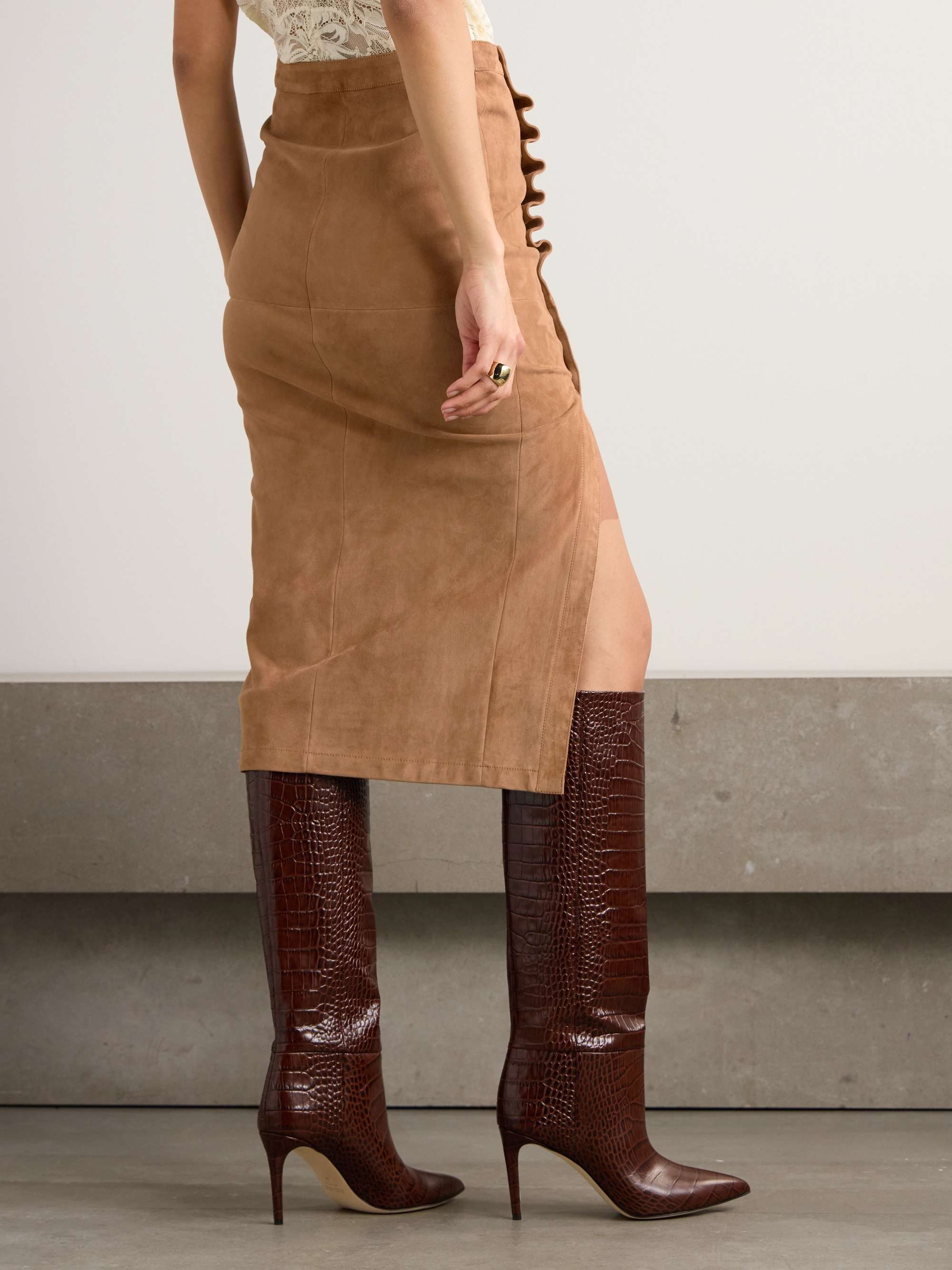 Asymmetric gathered suede midi skirt view