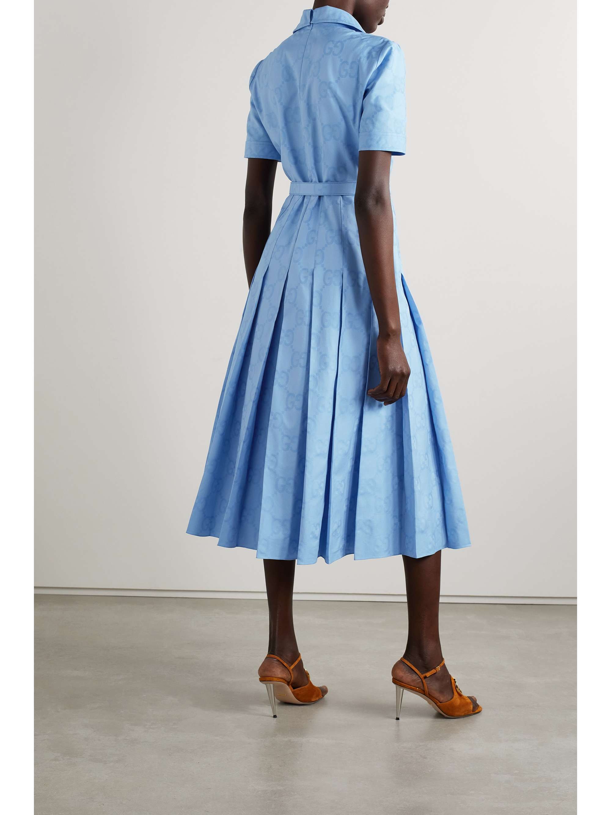 Belted pleated cotton Oxford-jacquard midi dress view