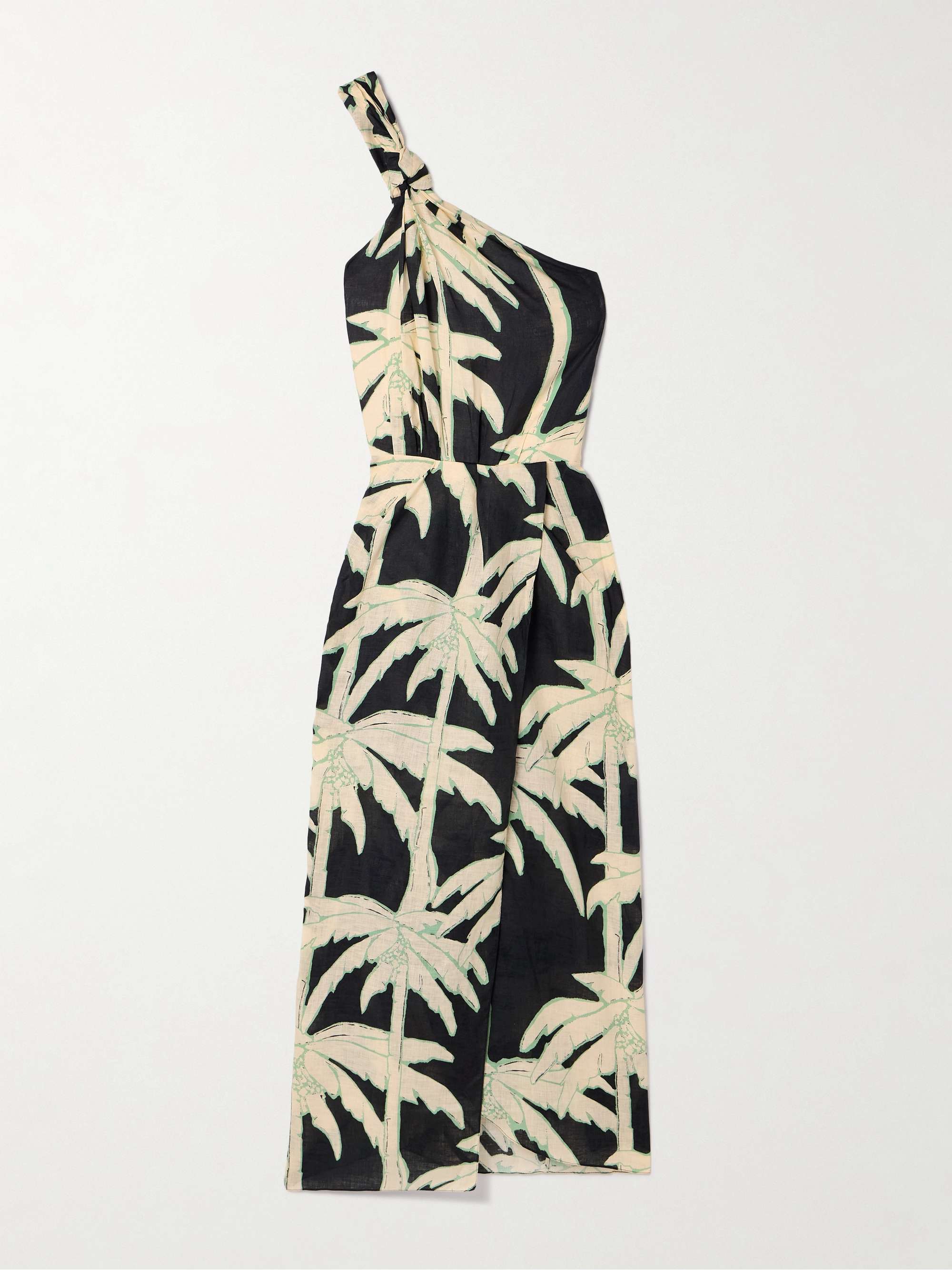 Dark Palms one-shoulder printed linen wrap-effect midi dress view