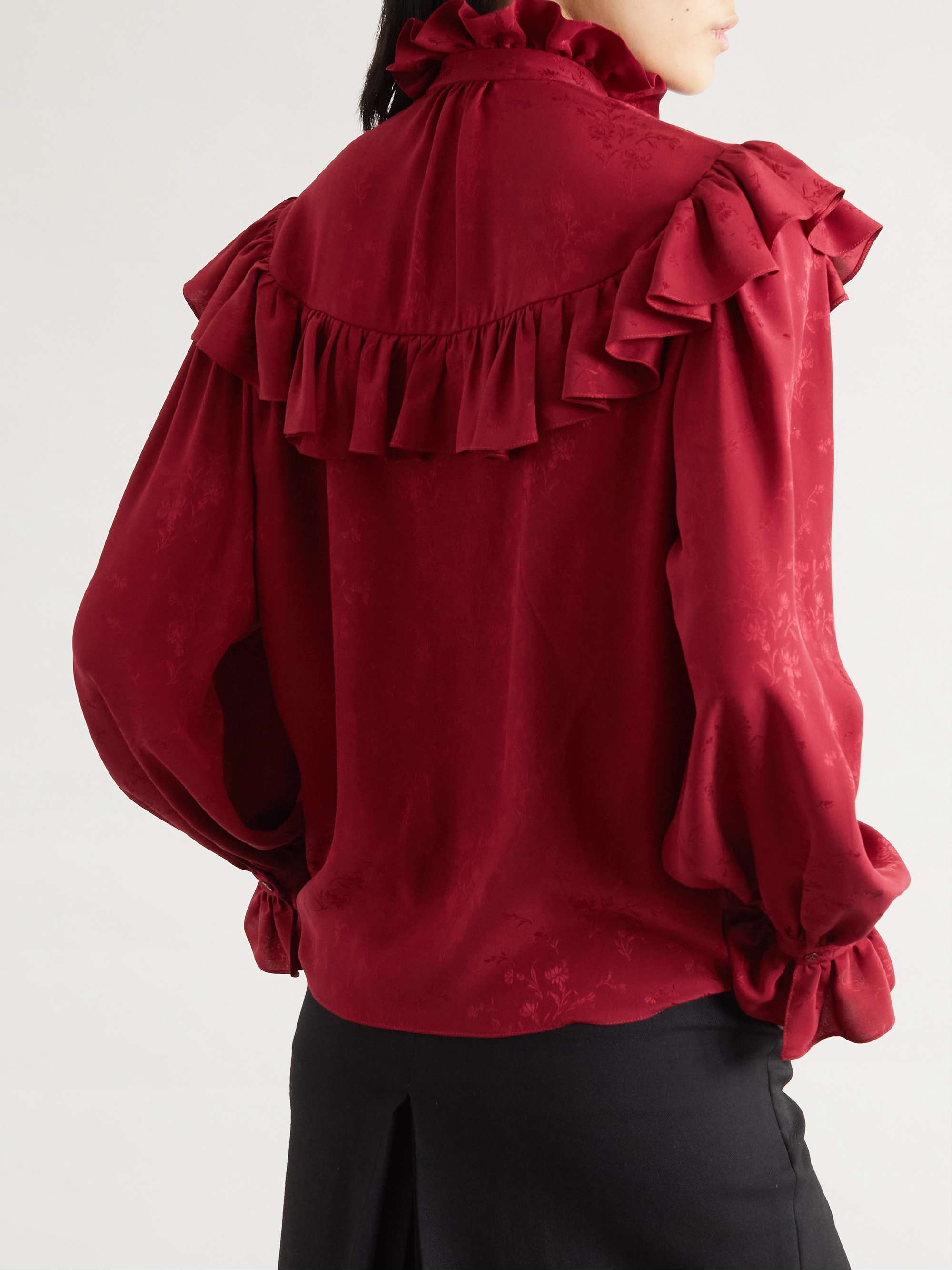 Ruffled floral silk-jacquard blouse view