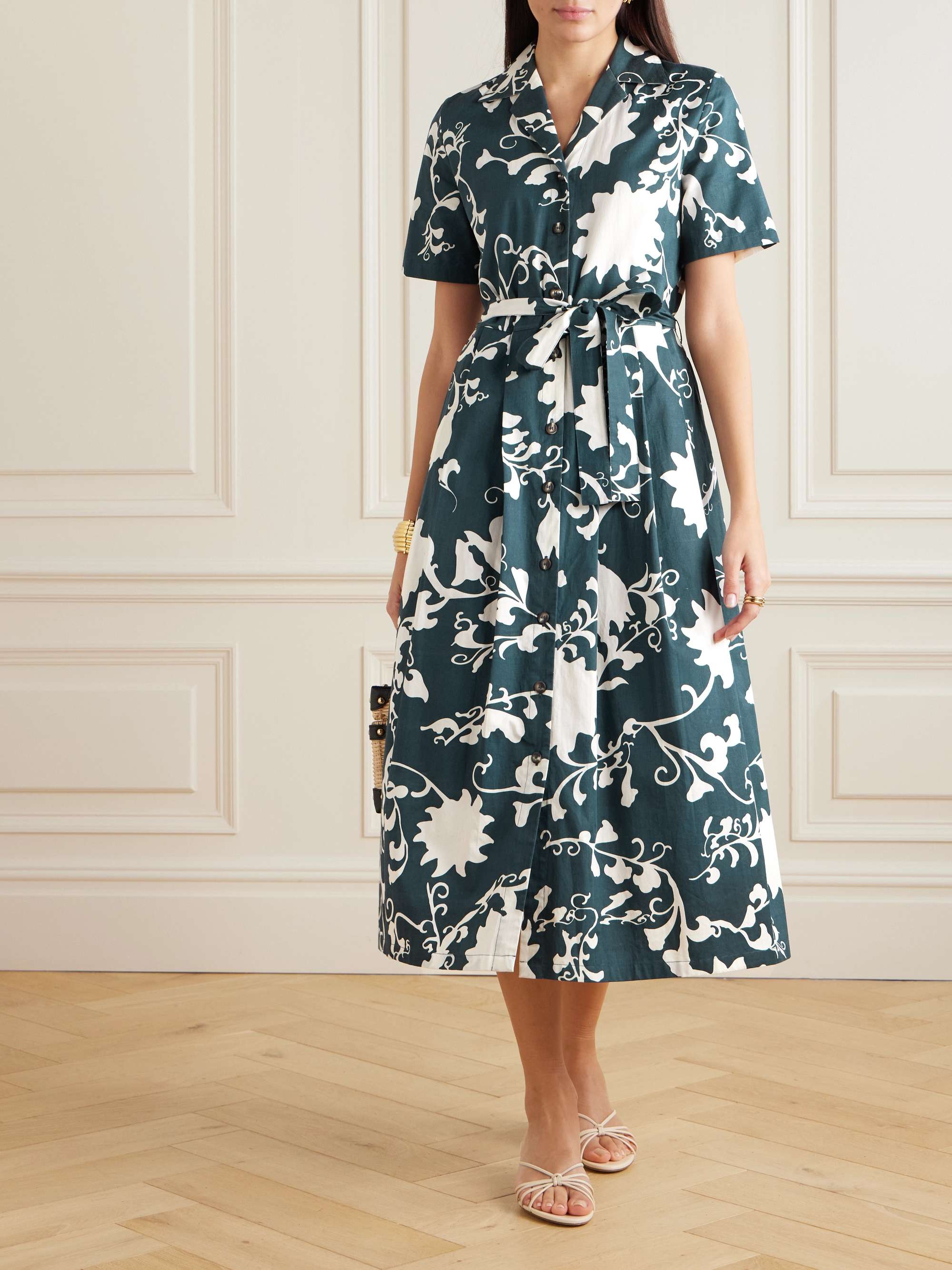 Claudia belted pleated floral-print cotton midi dress view