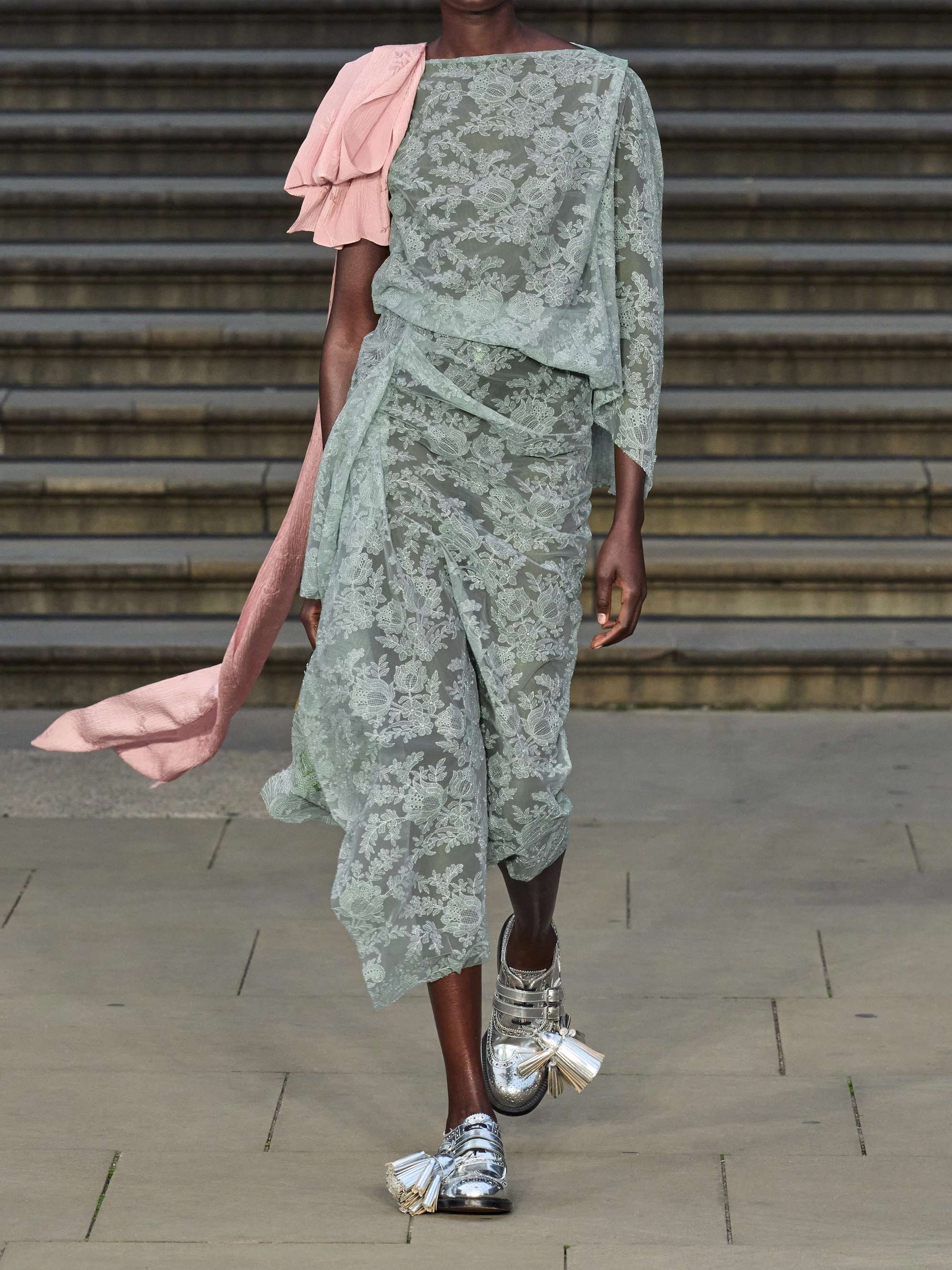 Asymmetric draped crepon-trimmed embroidered tulle midi dress view