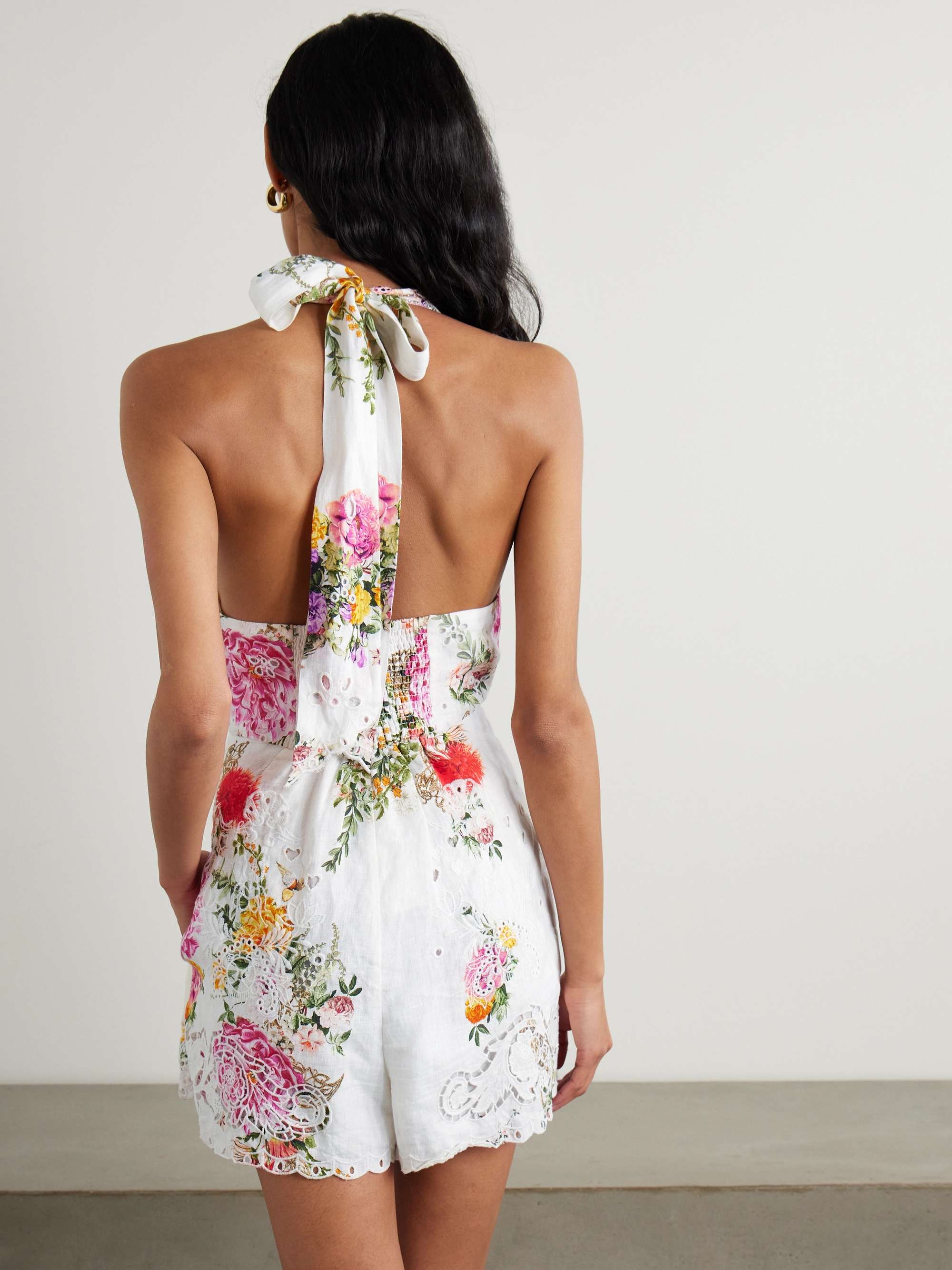 Embellished floral-print broderie anglaise linen halterneck playsuit view