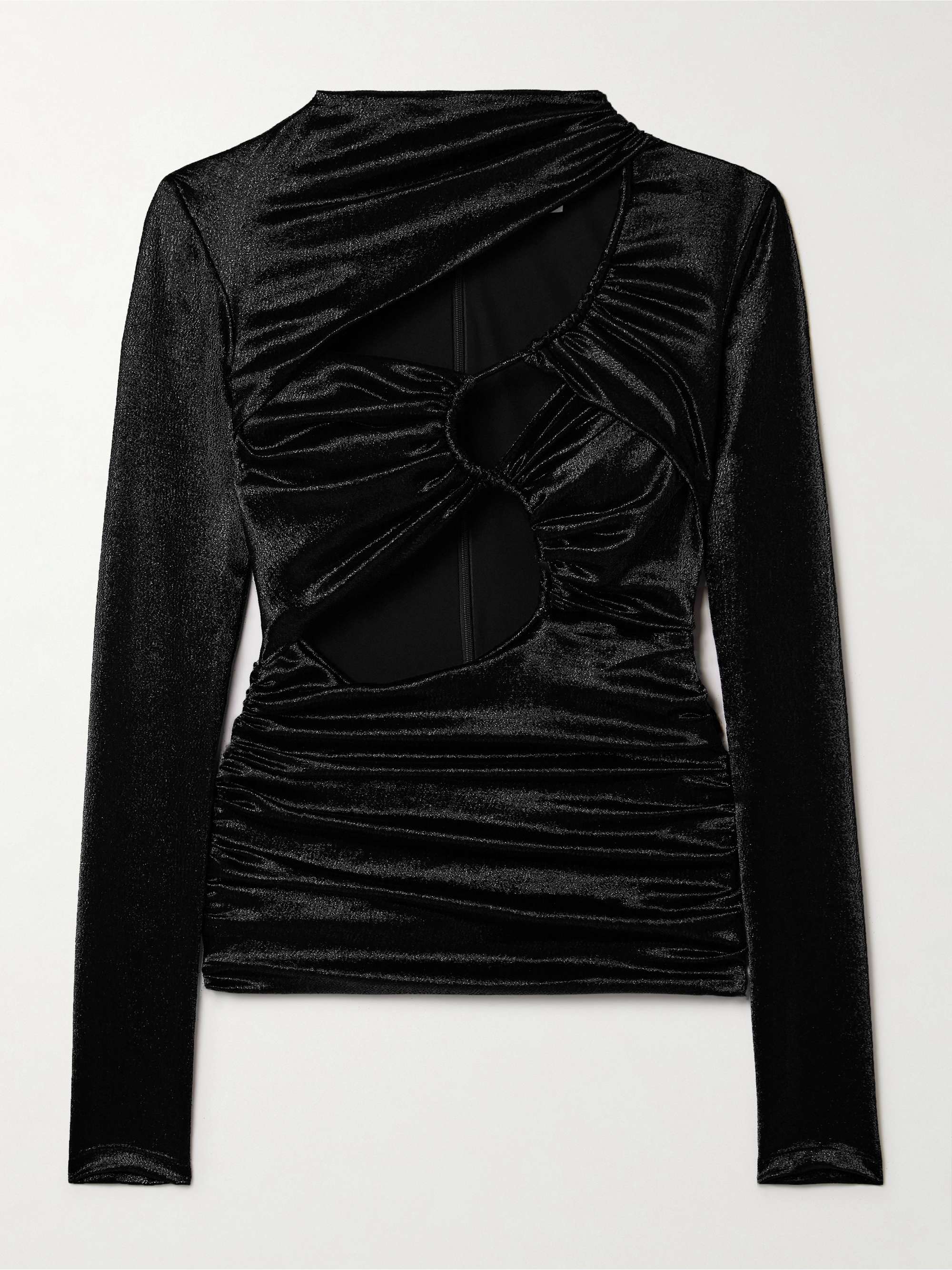 Rose cutout gathered metallic hammered silk-blend satin top view